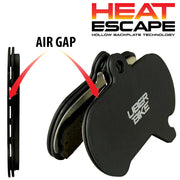 sram maven base graphene bicycle brake pads with a hollow backplate design, showing red arrows indicating the air gap feature. The brand 'HEAT ESCAPE' is visible in the top right, and 'UBER BIKE' is printed on the side
