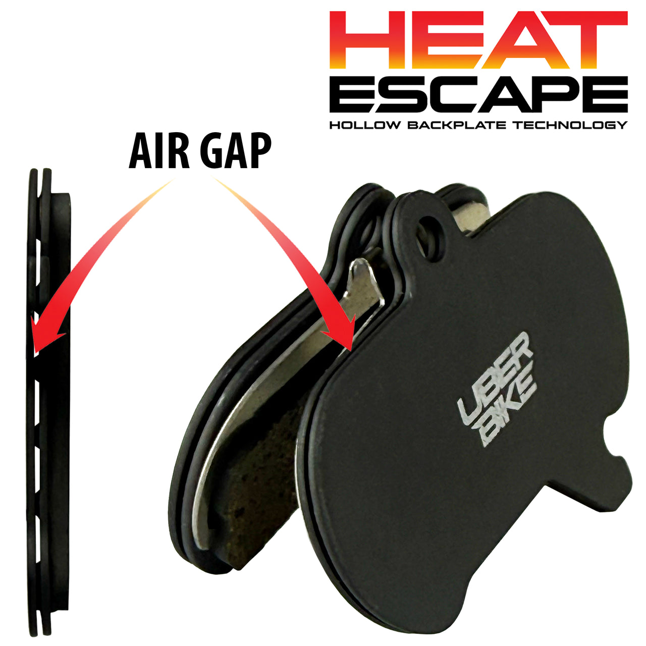 sram maven ultimate graphene bicycle brake pads with a hollow backplate design, showing red arrows indicating the air gap feature. The brand 'HEAT ESCAPE' is visible in the top right, and 'UBER BIKE' is printed on the side
