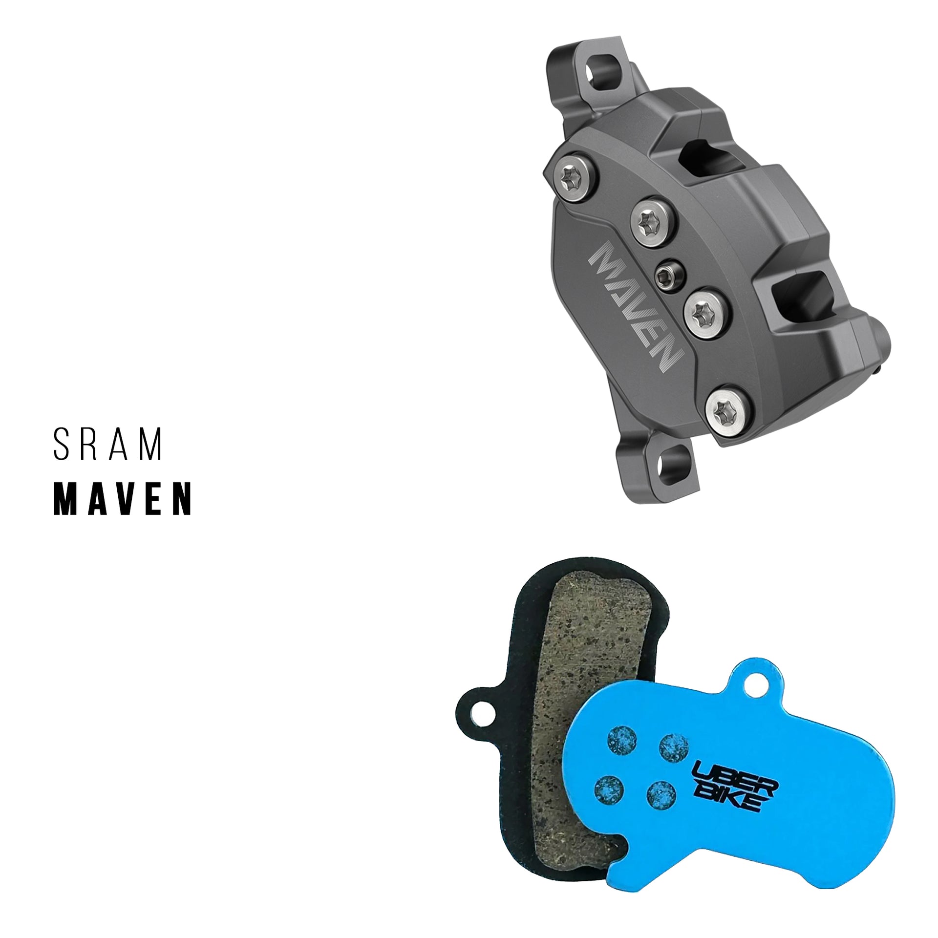 SRAM Maven brake caliper and Uber Bike brake pads on a white background