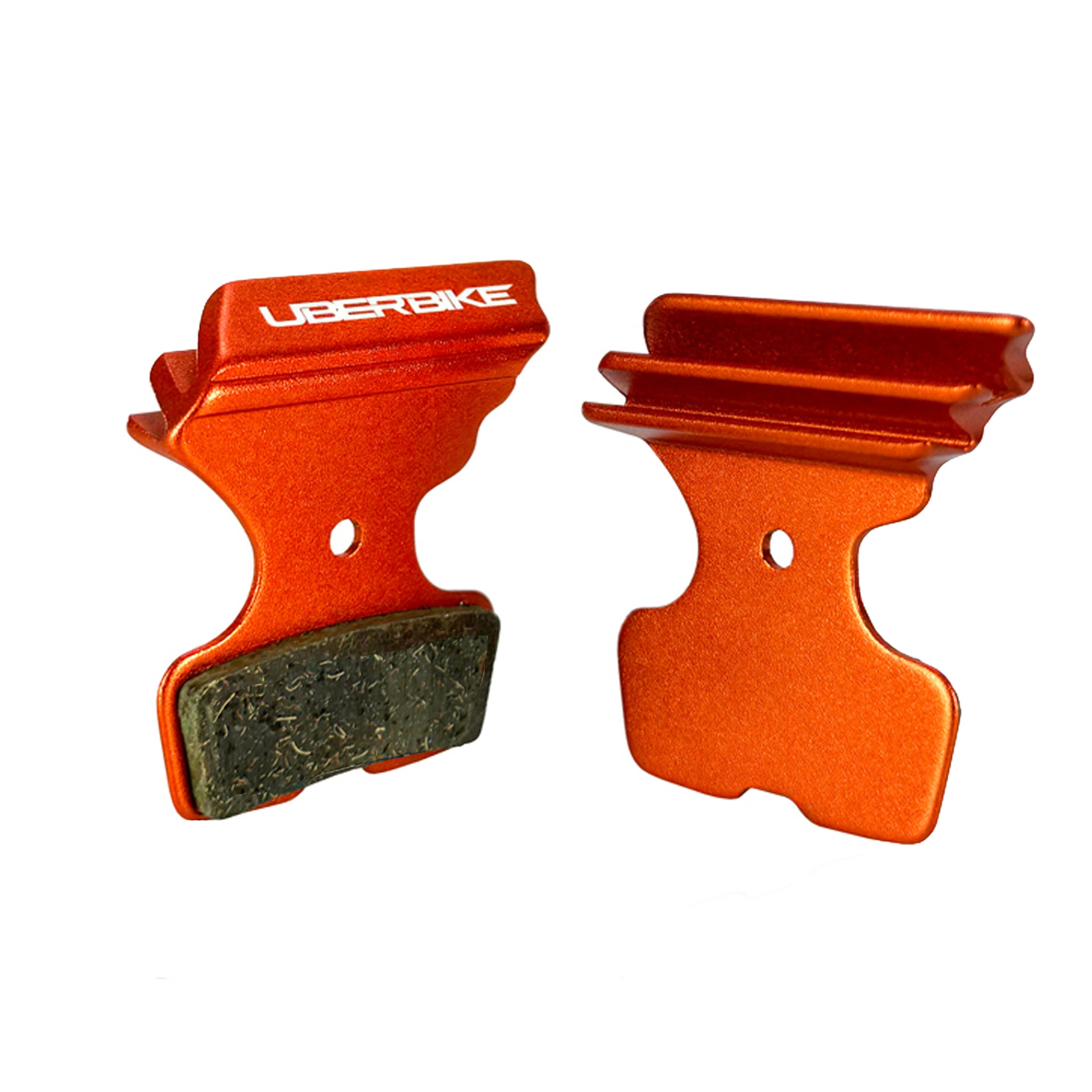 orange finned sram motive silver disc brake pads on a white background