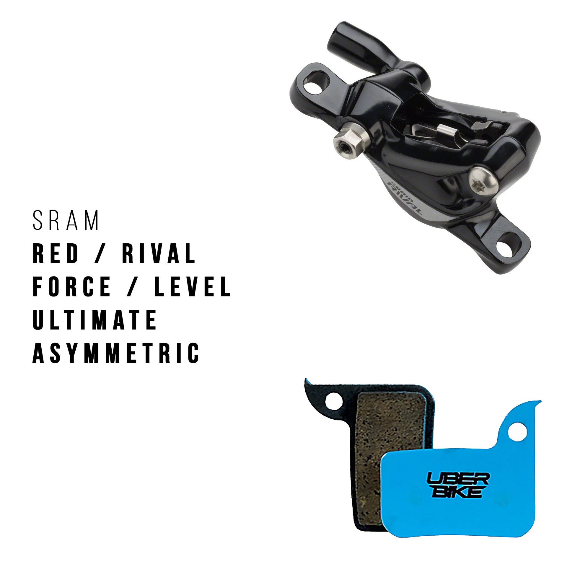 SRAM Red asymmetric brake caliper with Uberbike brake pads on a white background