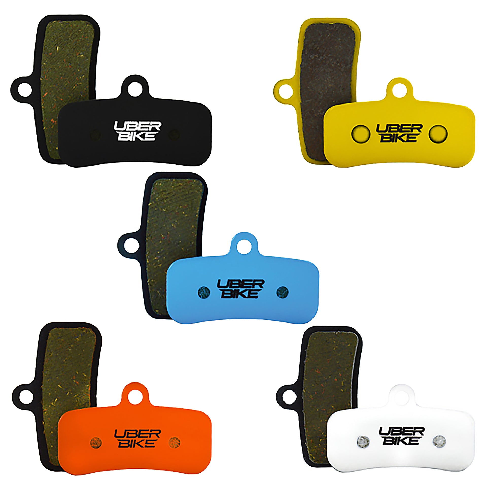 Collection of Uberbike MTB, E-bike brake pads in various colors on a white background.