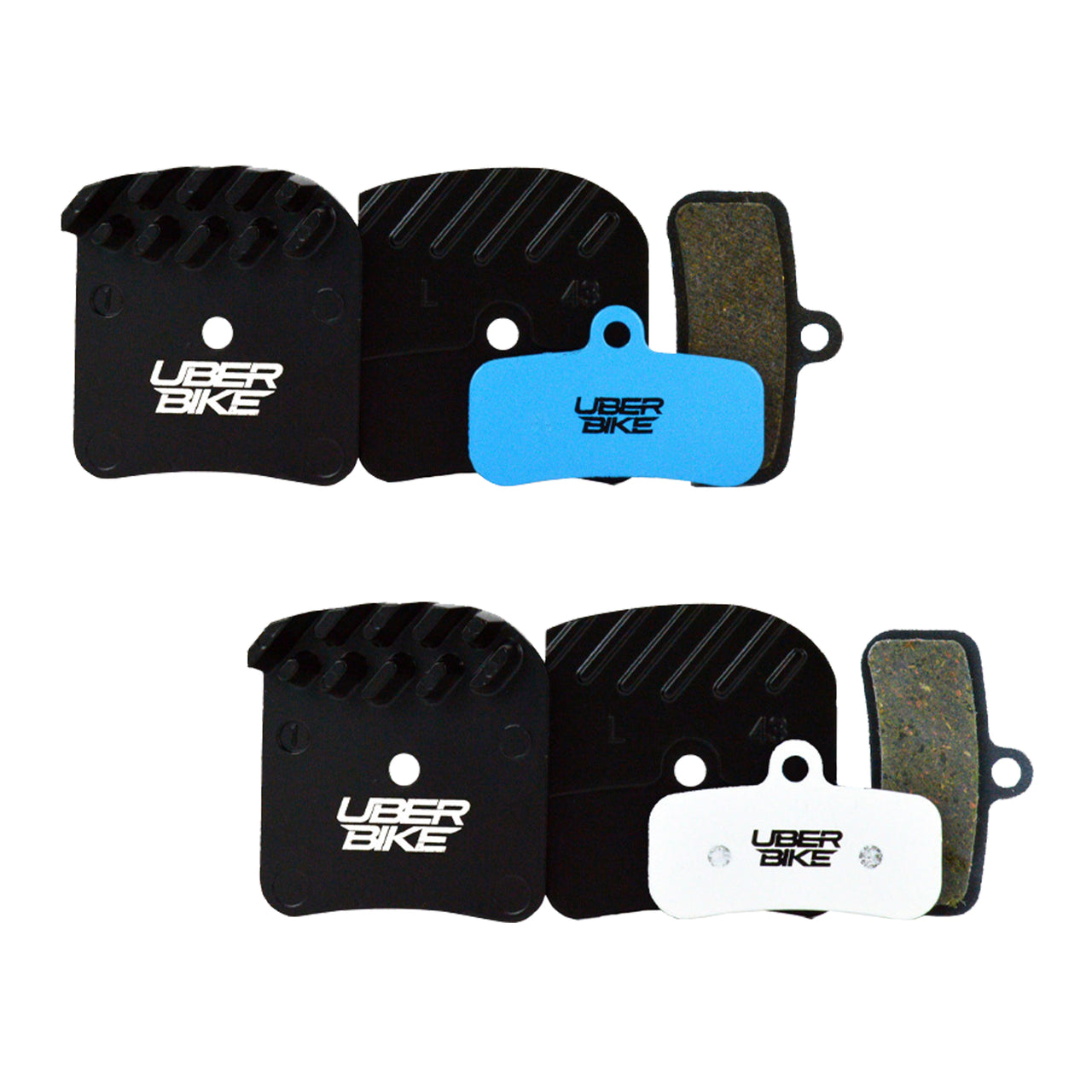 Finned Uberbike brake pads with Uberbike branding on a white background.