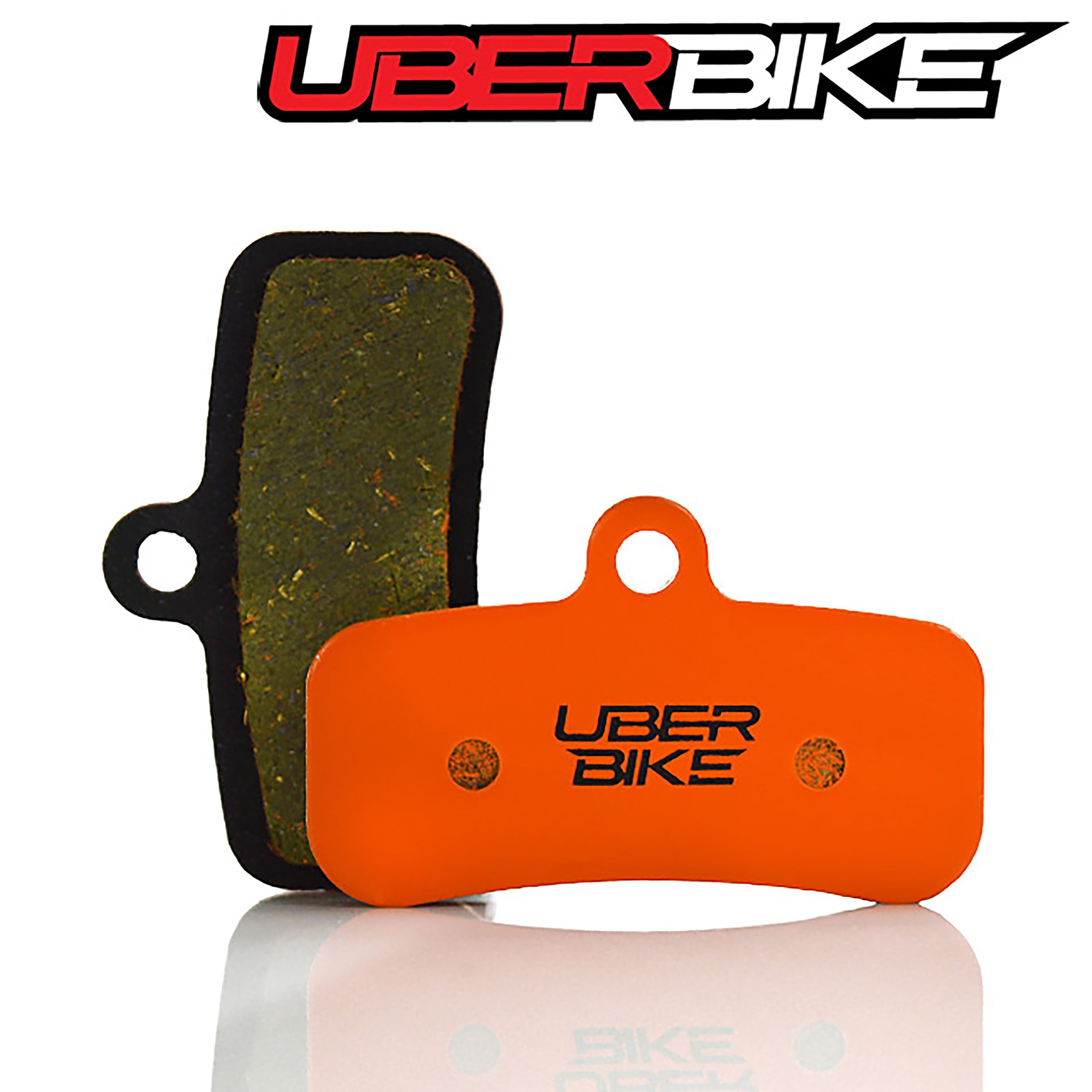 Uberbike kevlar MTB brake pads, with 'Uberbike' branding on a white background.
