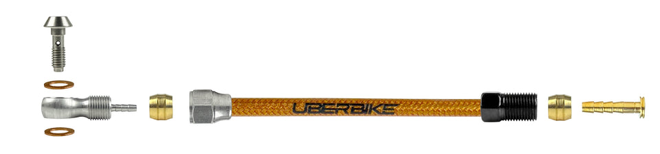 Shigura hydraulic kevlar braid brake hose fittings using a banjo bolt with Uberbike branding on a white background