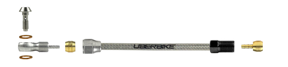 Shigura hydraulic stainless braid brake hose fittings using a banjo bolt with Uberbike branding on a white background