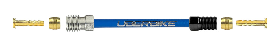 Shigura hydraulic brake hose fittings using a straight connector with Uberbike branding on a white background