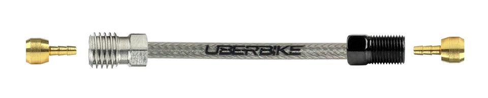 Shigura hydraulic stainless braid brake hose fittings using a straight connector with Uberbike branding on a white background