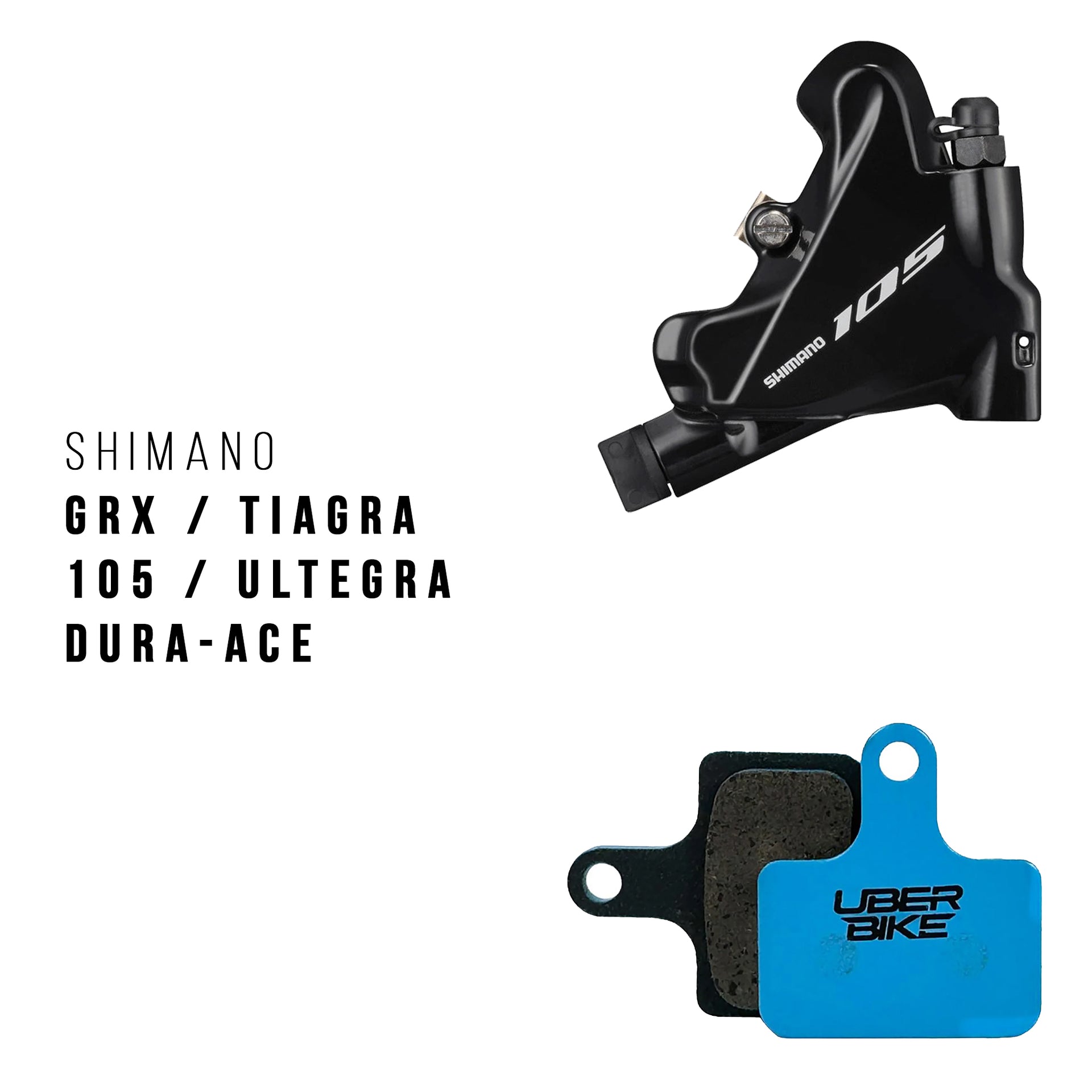 Shimano 105 brake caliper and Uberbike brake pads on a white background
