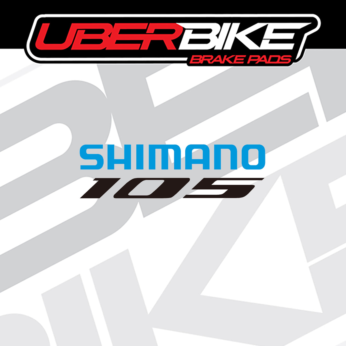 Promotional graphic for Uberbike Shimano 105 brake pads, featuring the Uberbike logo at the top and the Shimano 105 branding in the center on a white and gray patterned background
