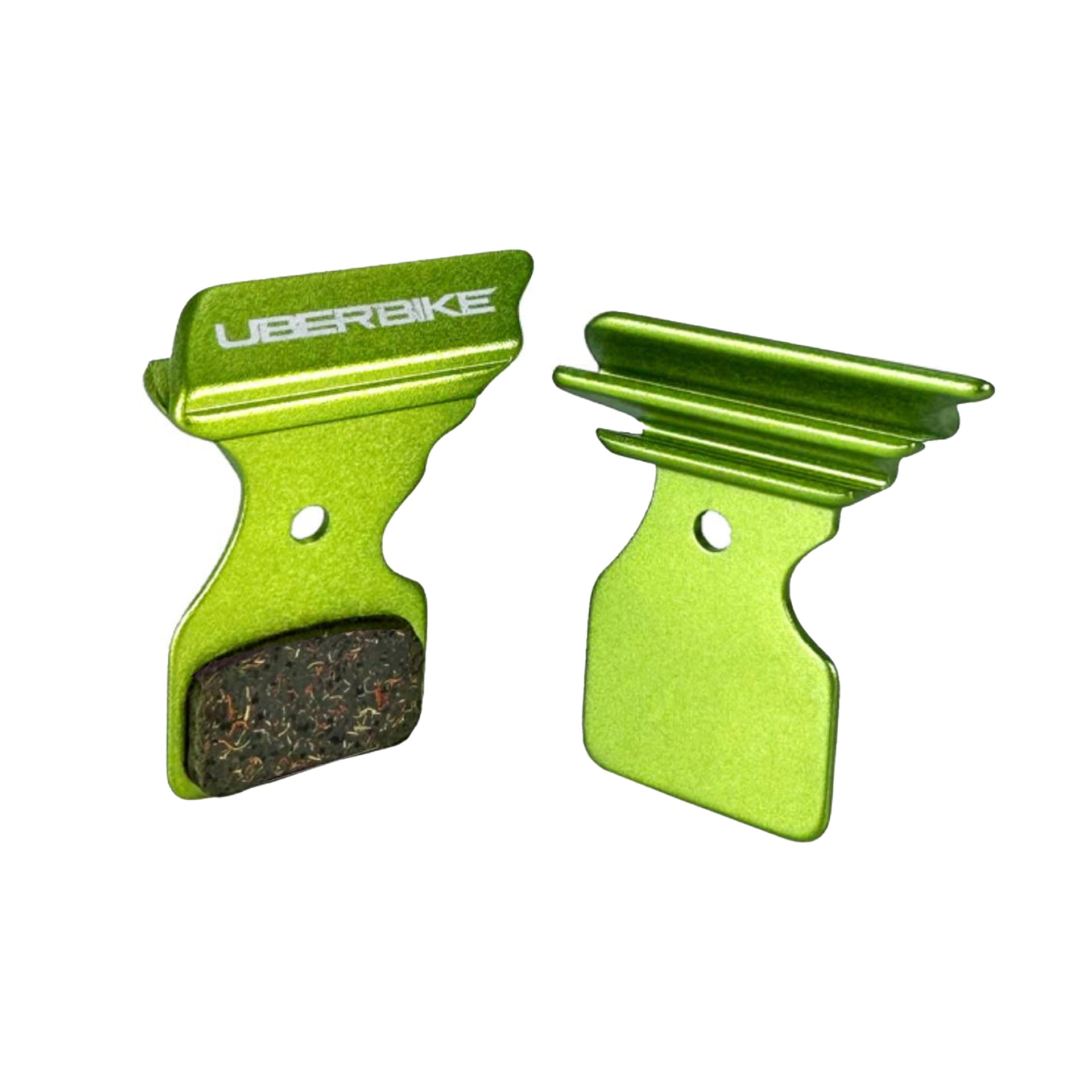 green finned Shimano BR9170 disc brake pads on a white background