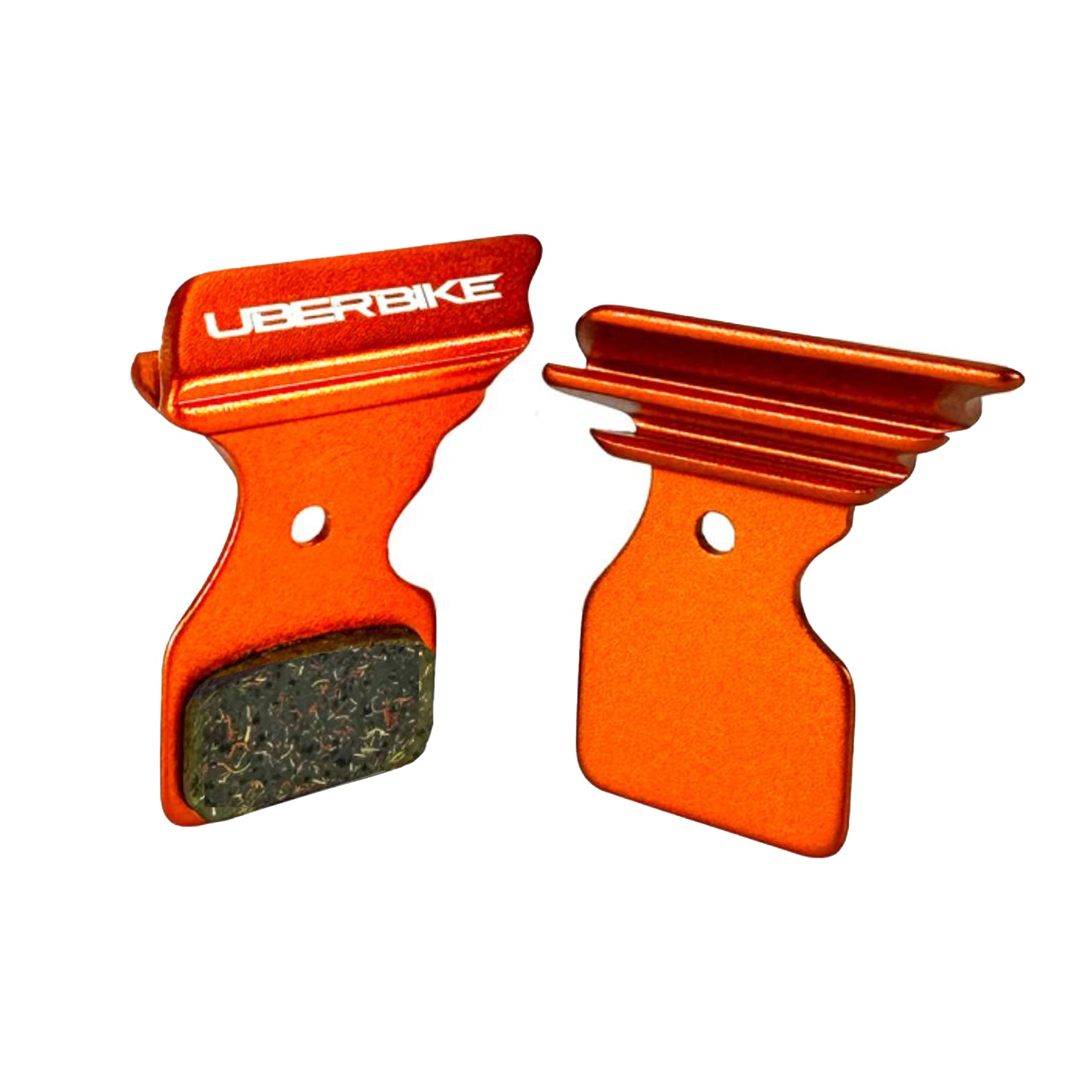 orange finned Shimano BR9170 disc brake pads on a white background