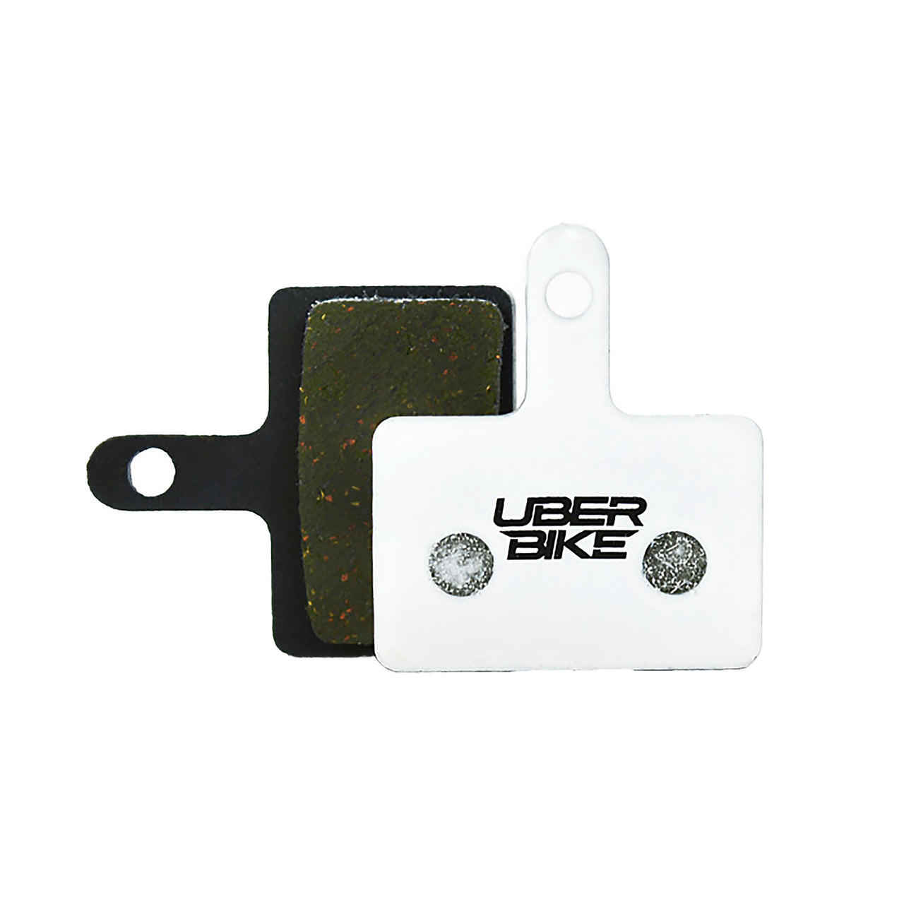 White Shimano Cues U6030 disc brake pads on a white background with Uberbike branding 