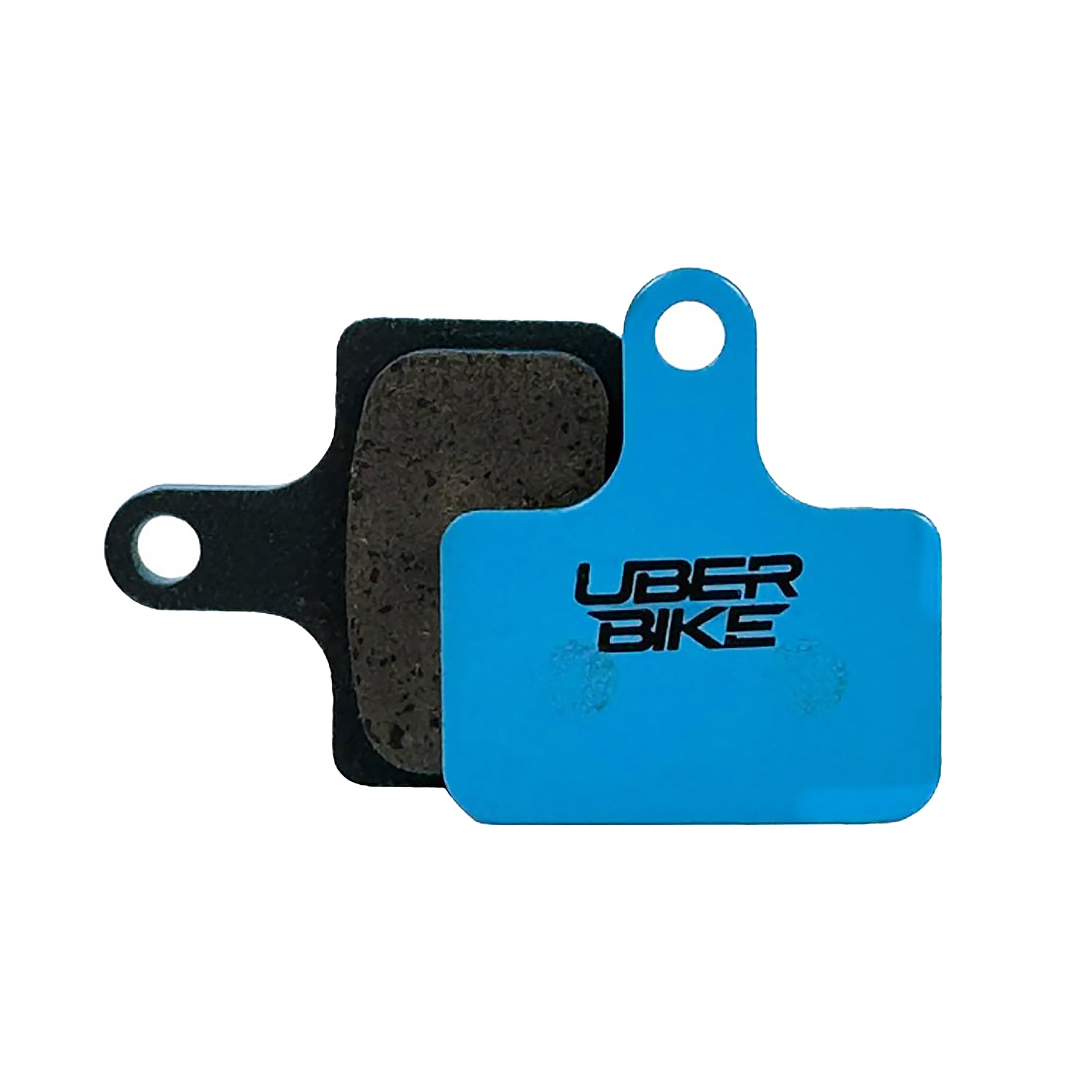 Blue Shimano Cues U8010 disc brake pads on a white background with Uberbike branding 