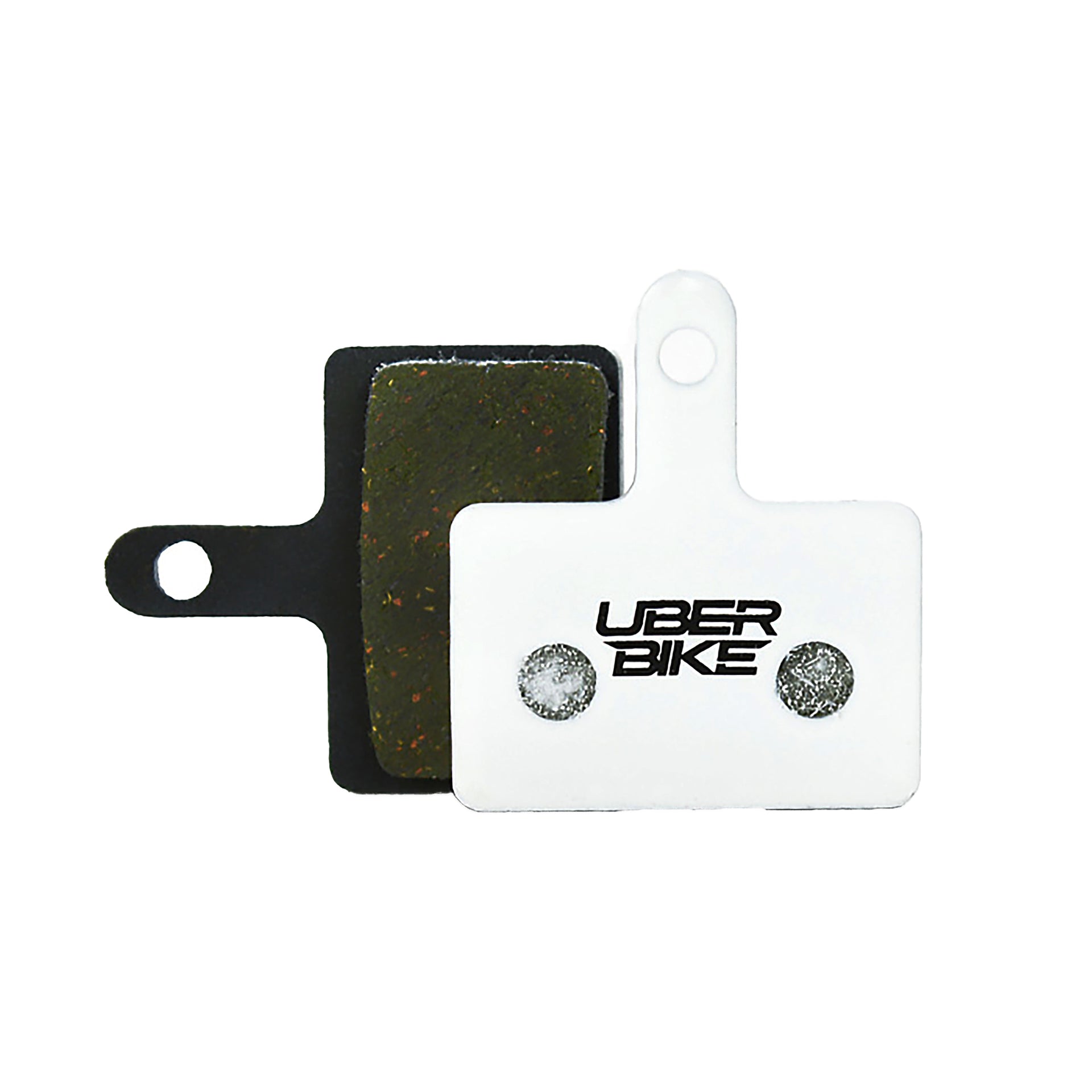 White Shimano Deore MT500 disc brake pads on a white background with Uberbike branding 