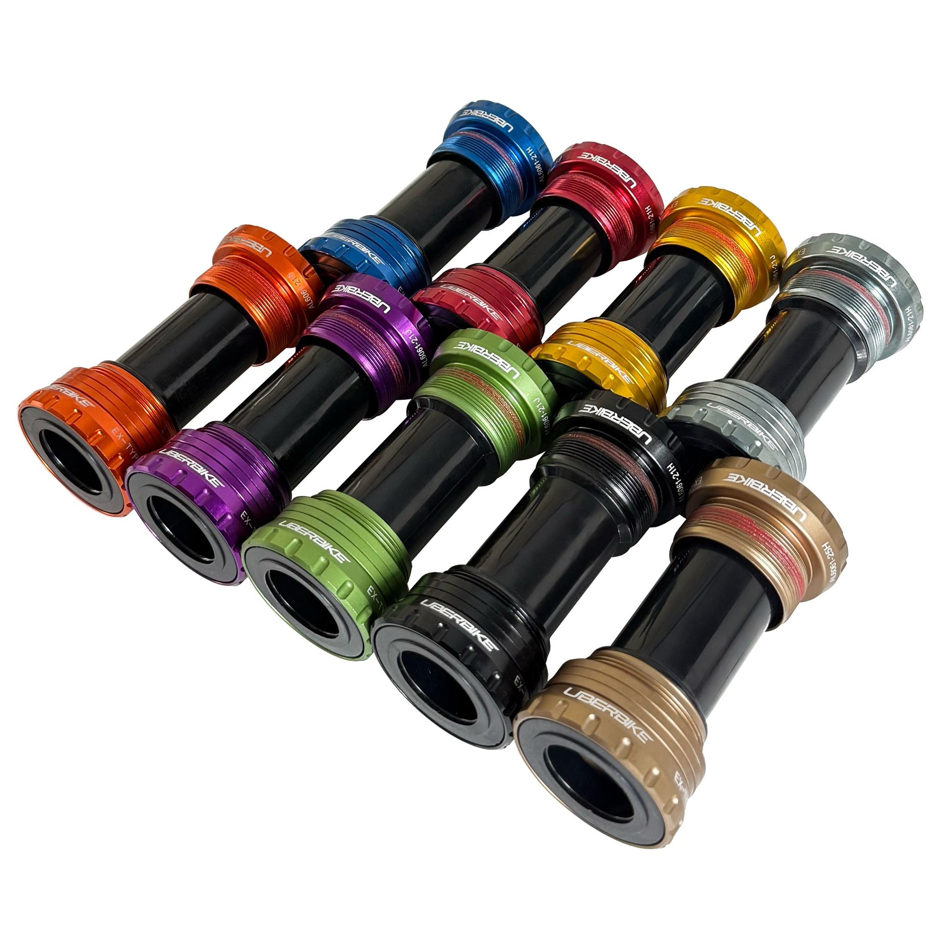 Shimano HT2 bottom brackets in 8 different colours on a white background
