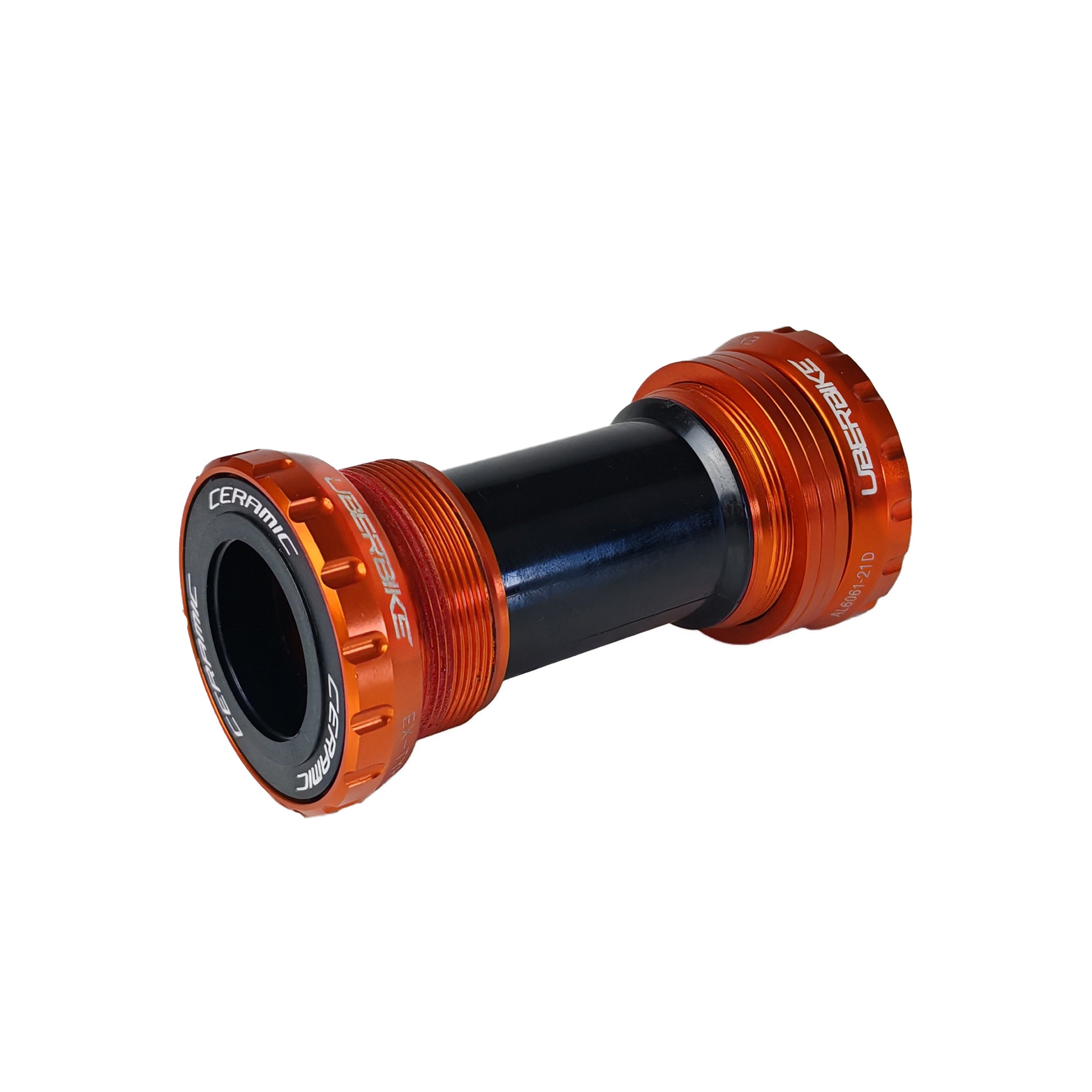 Orange Shimano Hollowtech II ceramic bottom bracket with uberbike branding on a white background