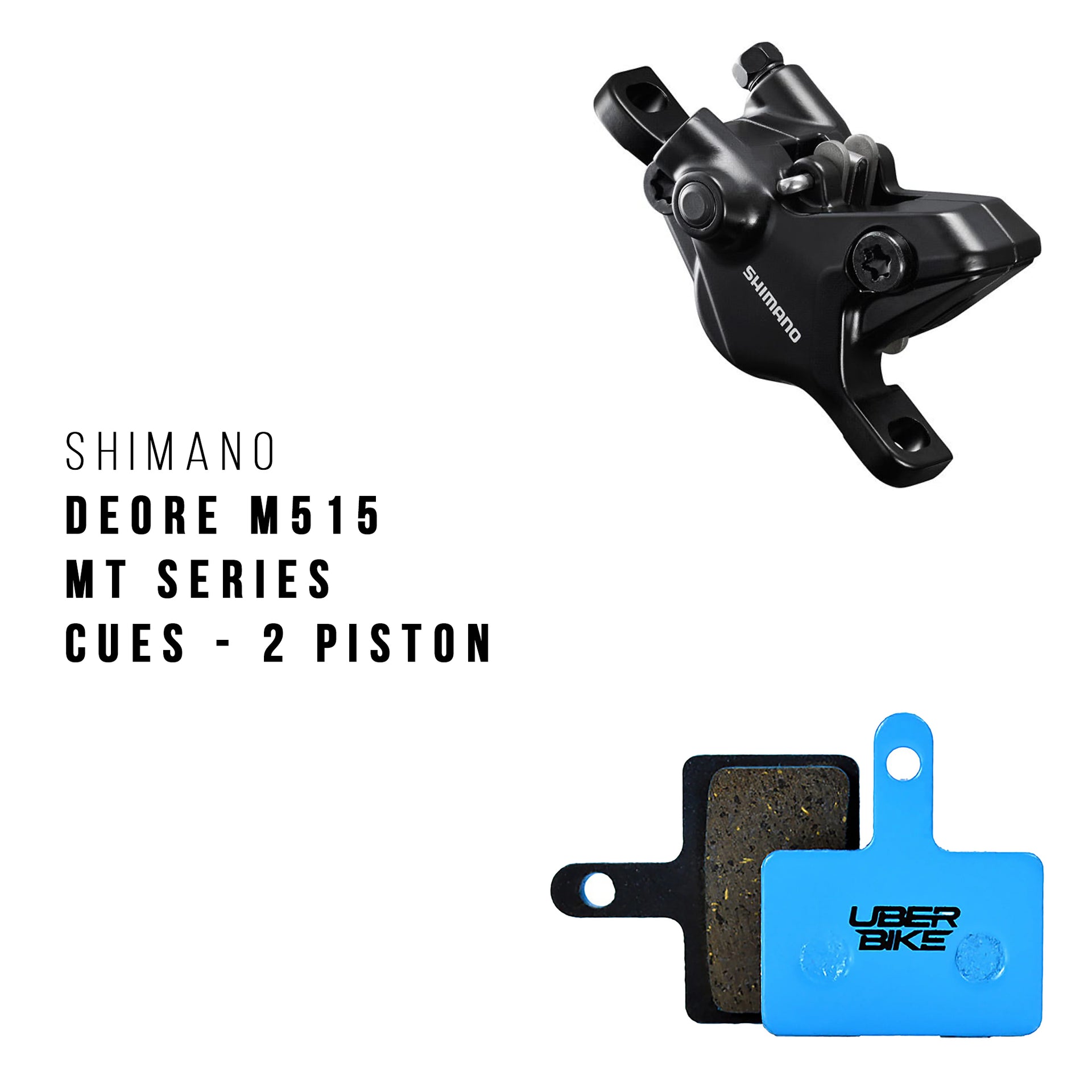 Shimano Deore M515 MT series brake caliper with brake pads on a white background