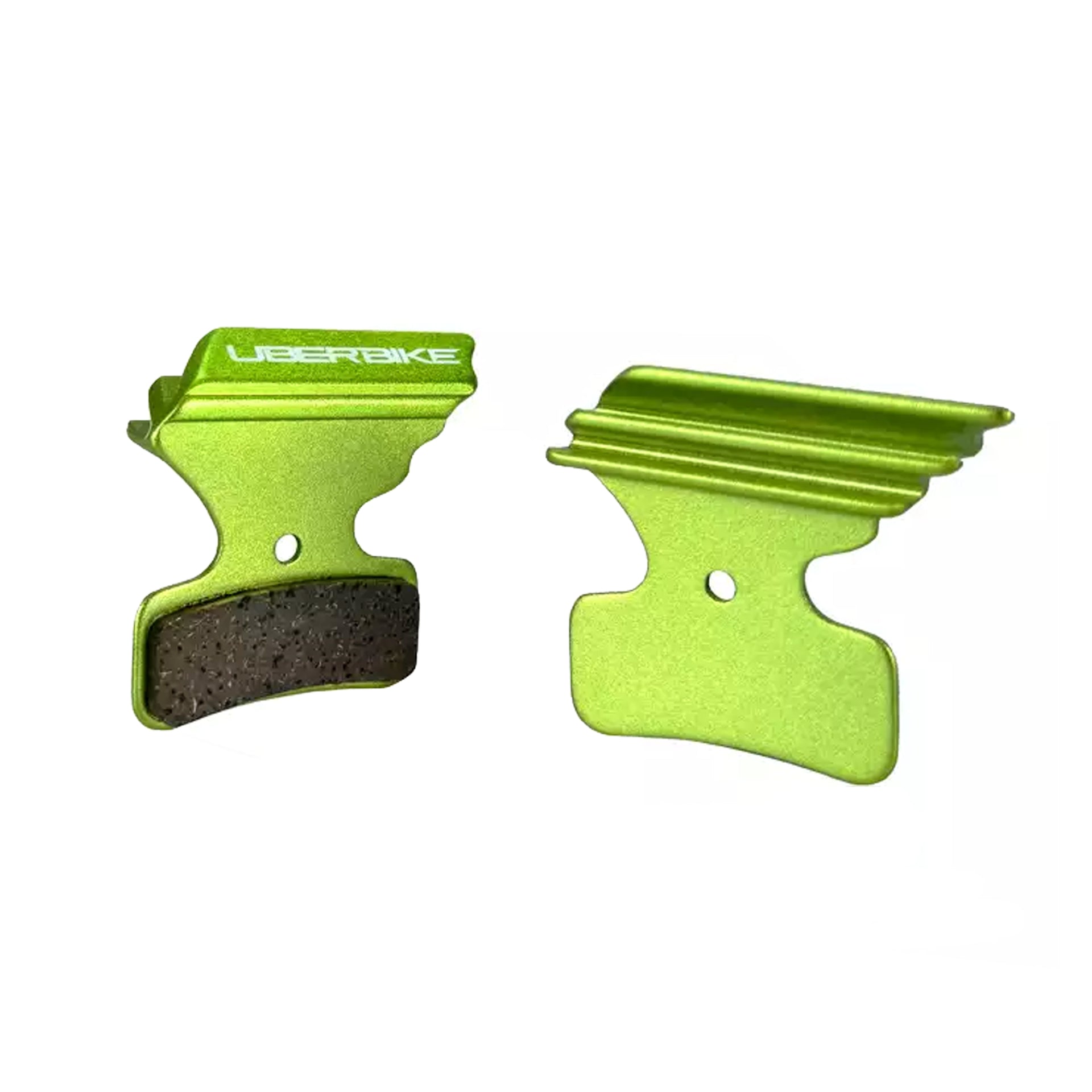 Green finned Shimano M7120 disc brake pads on a white background