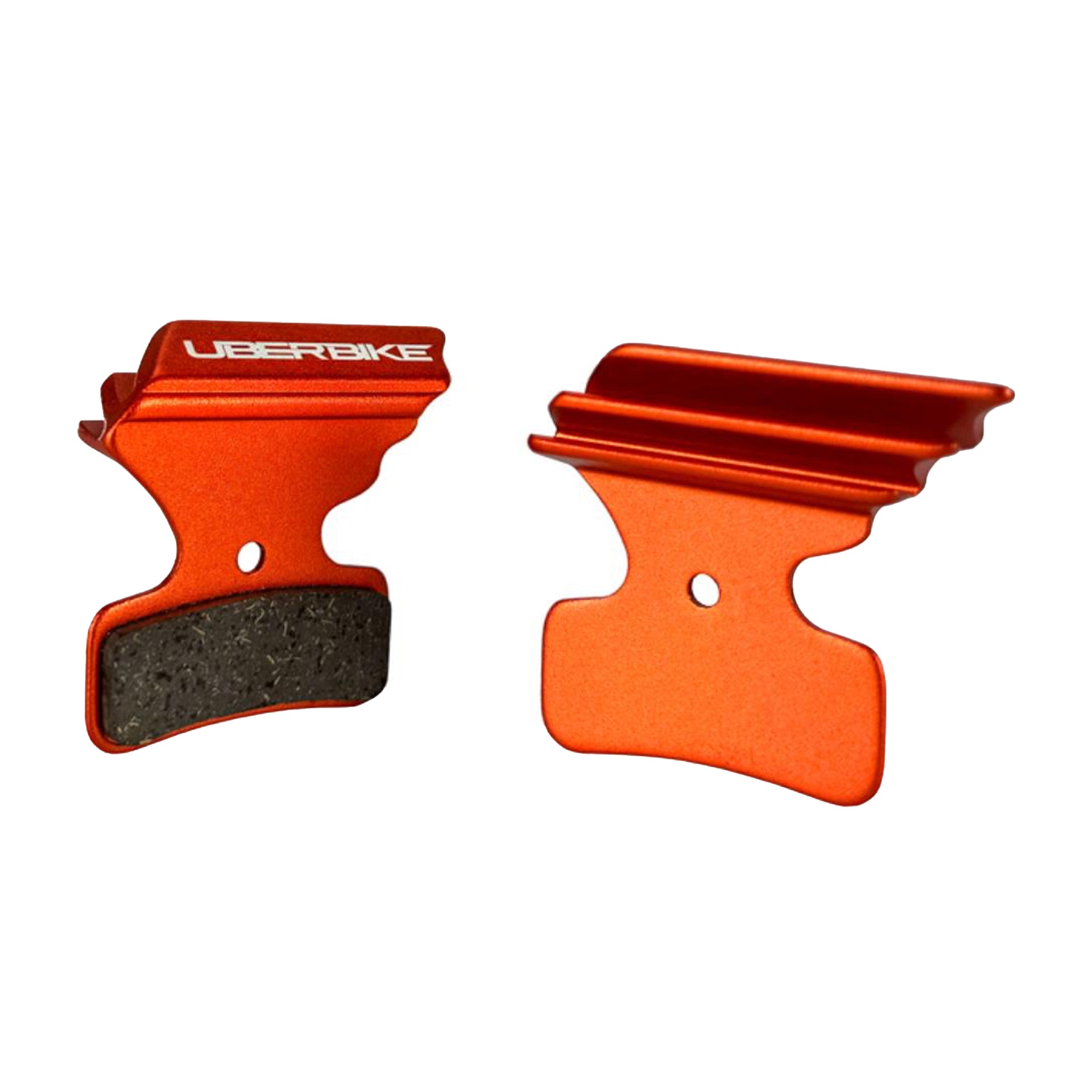 Orange finned Shimano M7120 disc brake pads on a white background