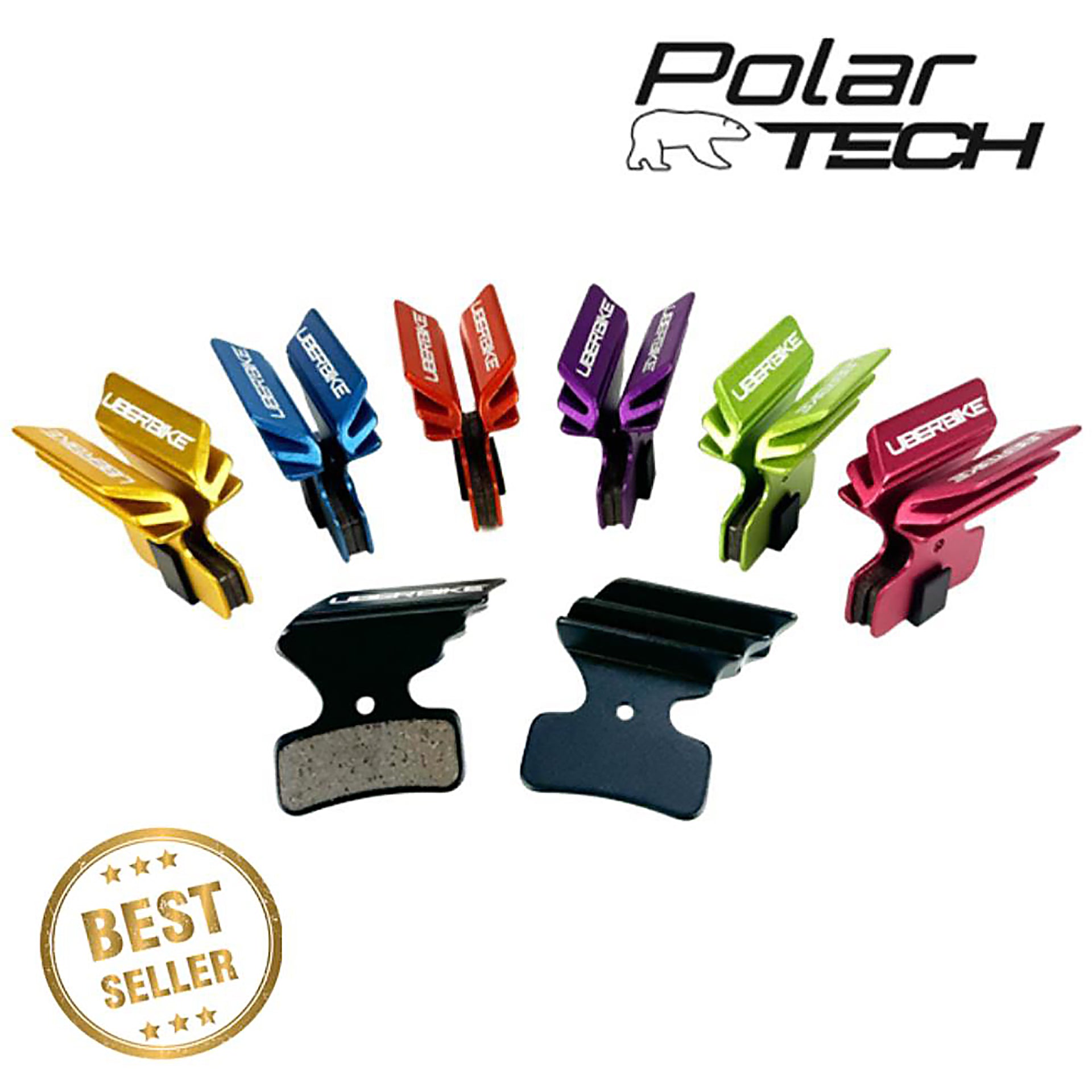 Colorful Uberbike brake pads with 'Polar Tech' branding on a white background.