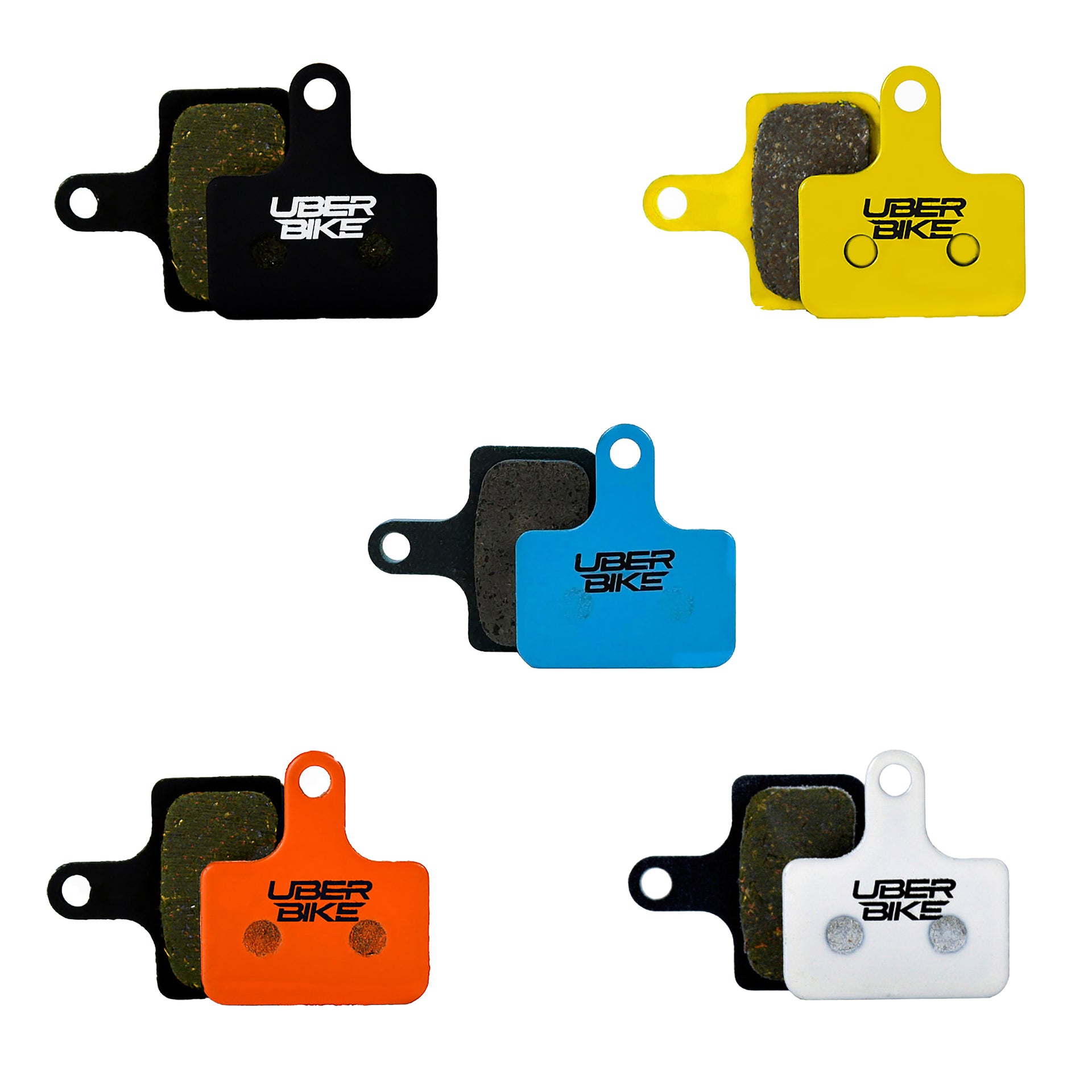 5 different coloured brake pads for Shimano MT805 with Uberbike branding on a white background