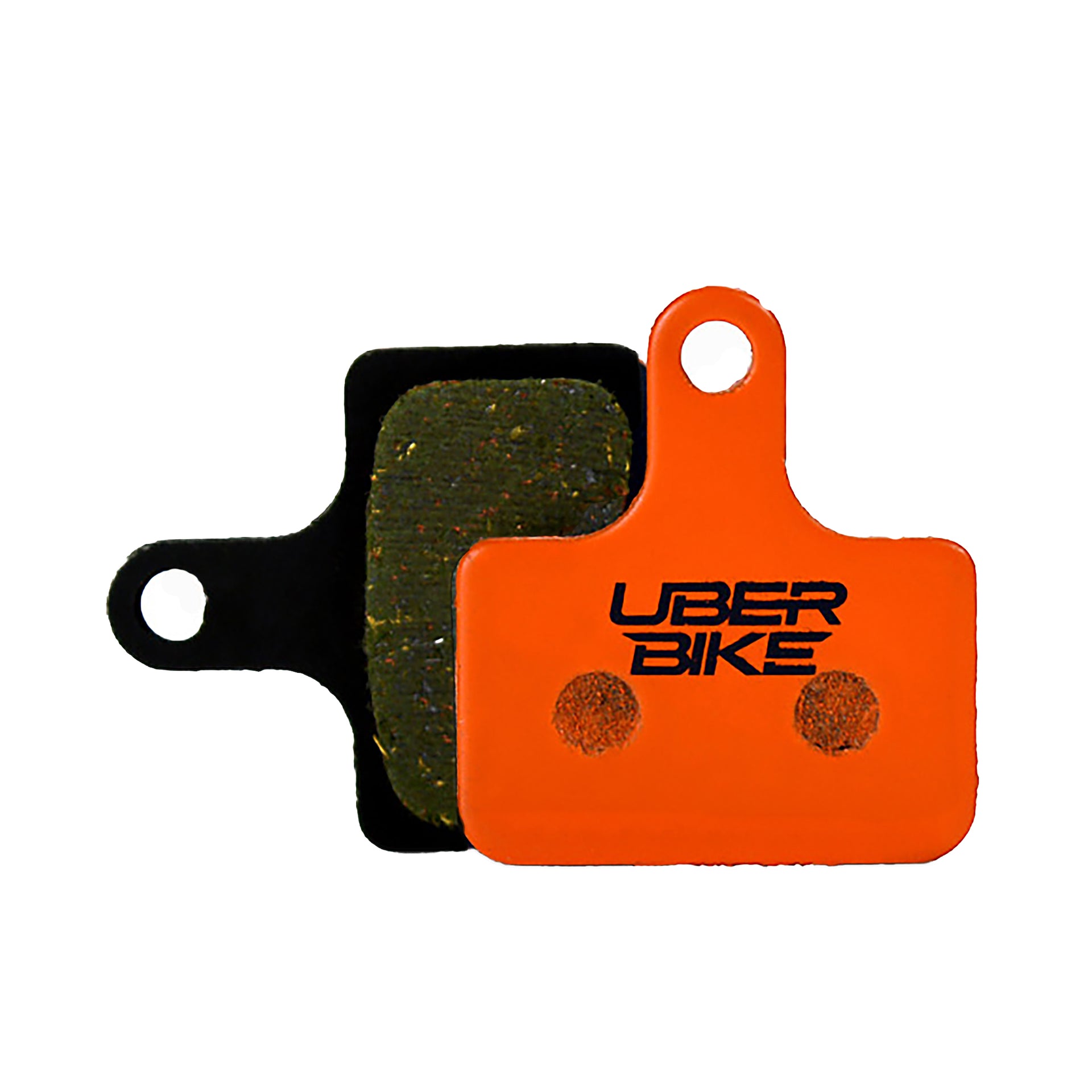 Orange Shimano MT805 brake pads with Uberbike branding on a white background
