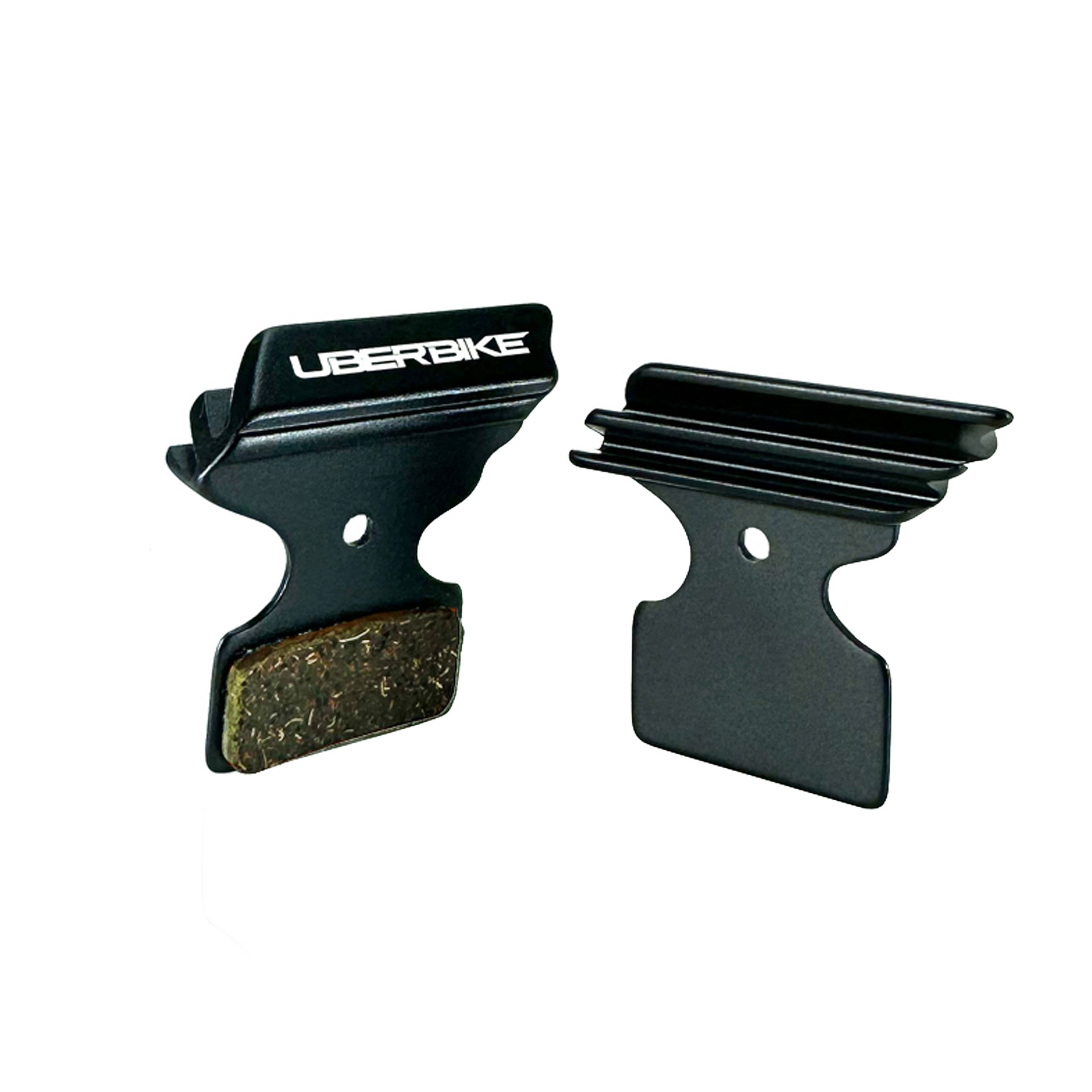 black finned Shimano SLX M666 disc brake pads on a white background