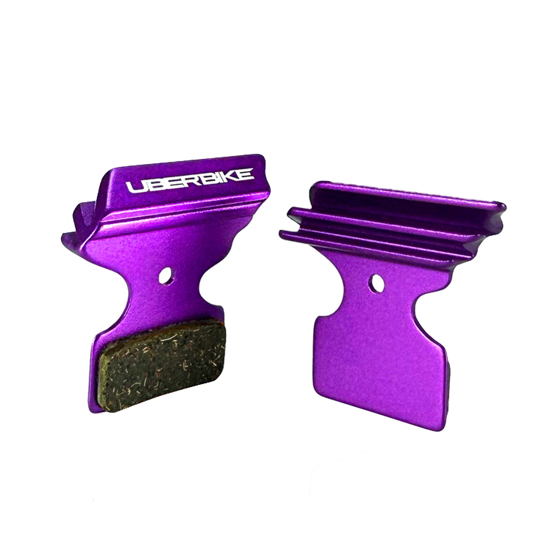 purple finned Shimano SLX M7100 2 piston disc brake pads on a white background