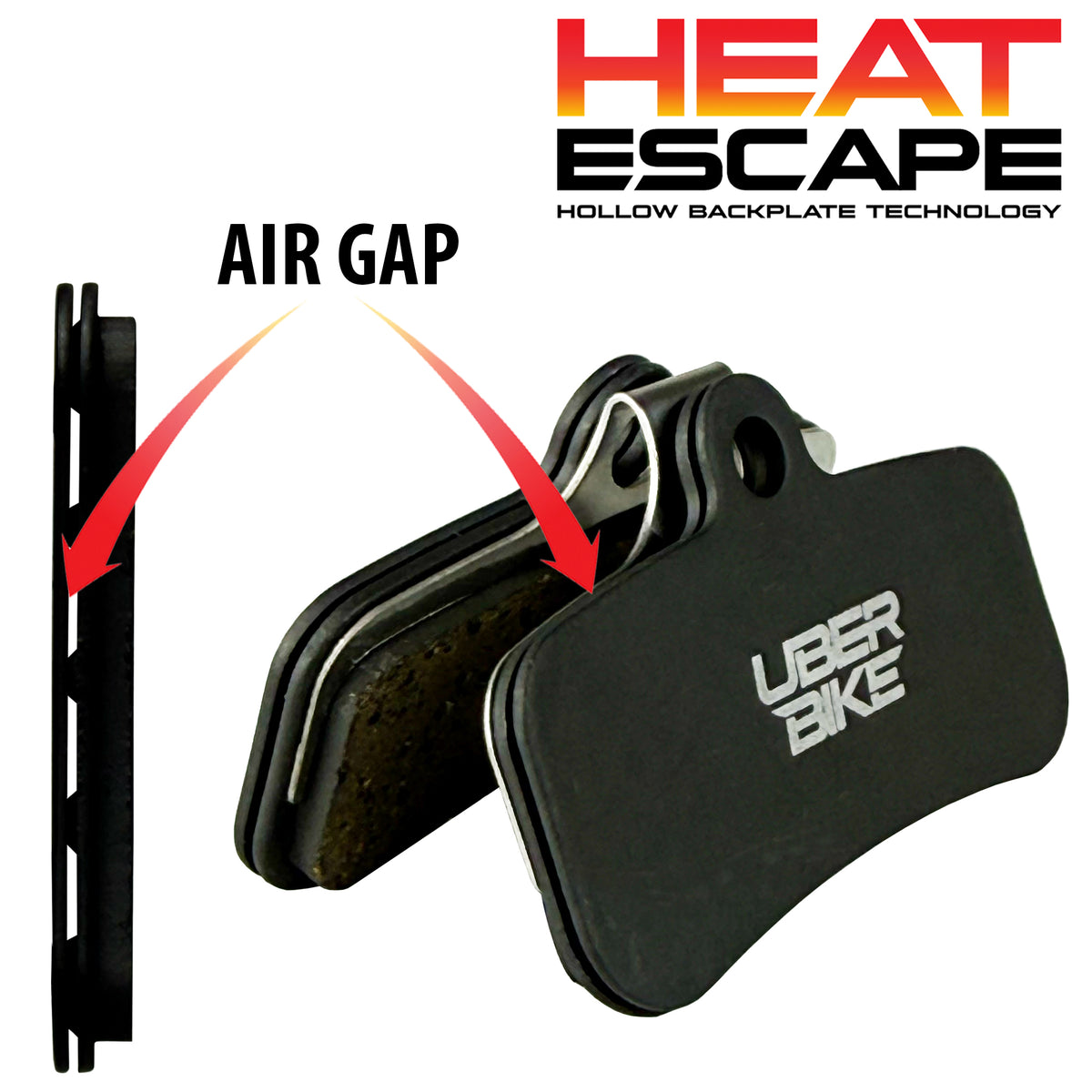 shimano slx m7120 graphene bicycle brake pads with a hollow backplate design, showing red arrows indicating the air gap feature. The brand 'HEAT ESCAPE' is visible in the top right, and 'UBER BIKE' is printed on the side