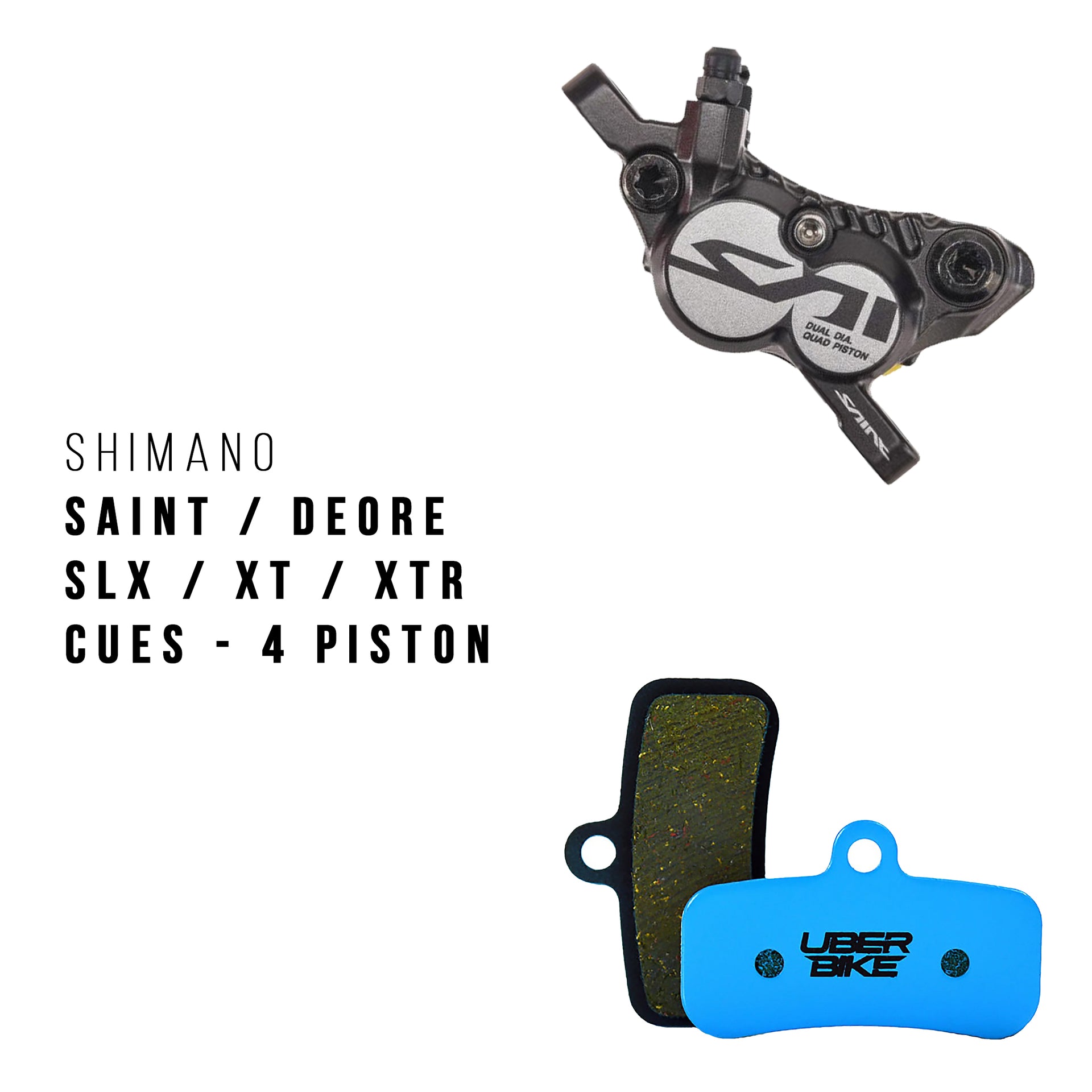 Bicycle brake caliper and pads with Shimano branding on a white background