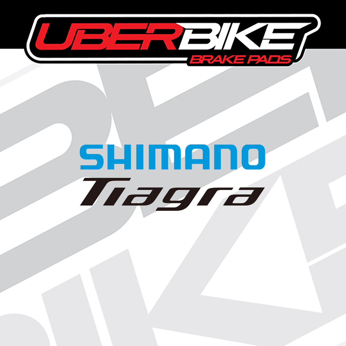 Promotional graphic for Shimano Tiagra brake pads by Uberbike, featuring the Uberbike logo at the top and the Shimano Tiagra branding in the center on a white and gray geometric background