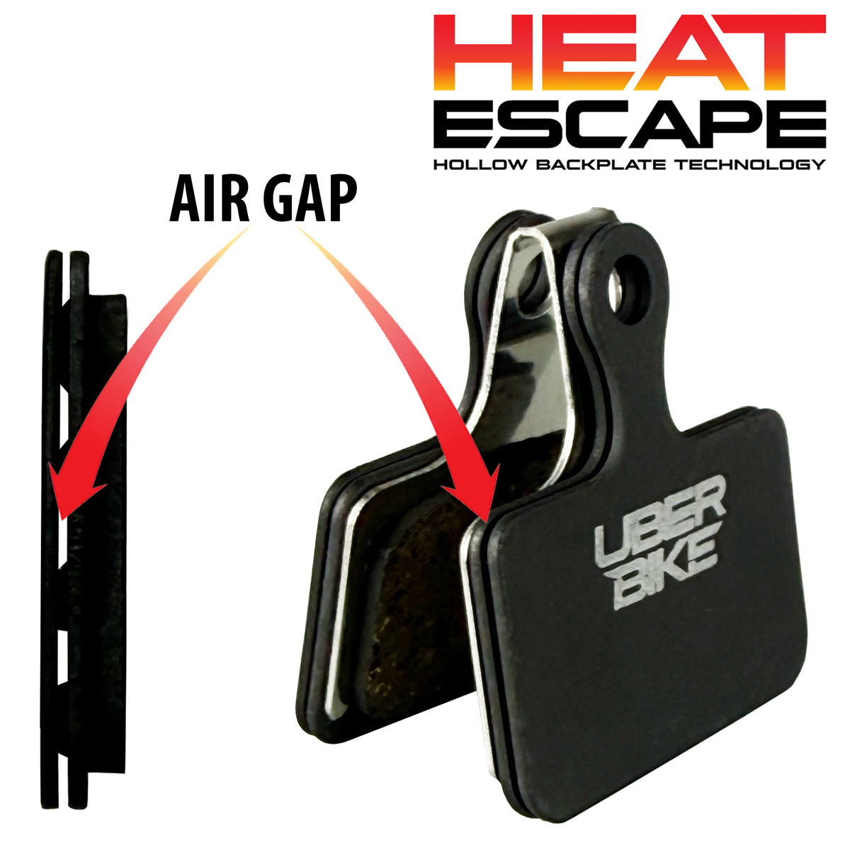 shimano ultegra r8070 graphene bicycle brake pads with a hollow backplate design, showing red arrows indicating the air gap feature. The brand 'HEAT ESCAPE' is visible in the top right, and 'UBER BIKE' is printed on the side