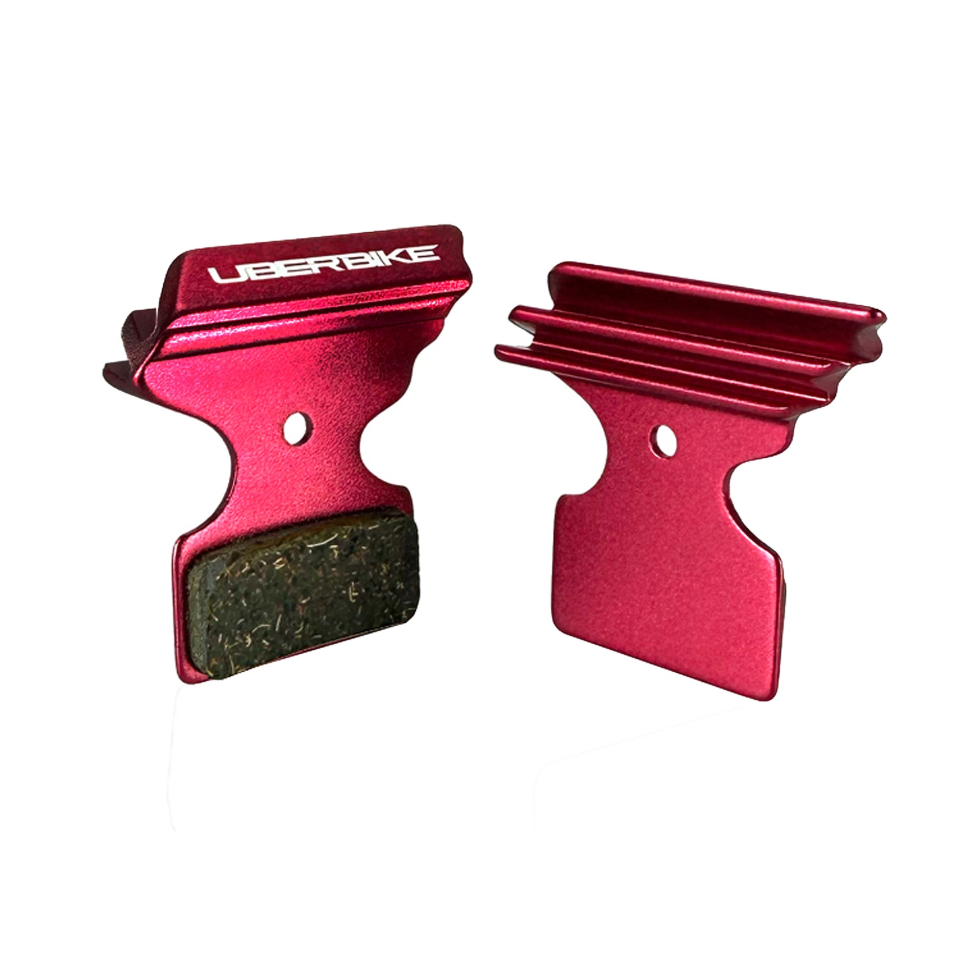 red finned Shimano XT M8000 disc brake pads on a white background