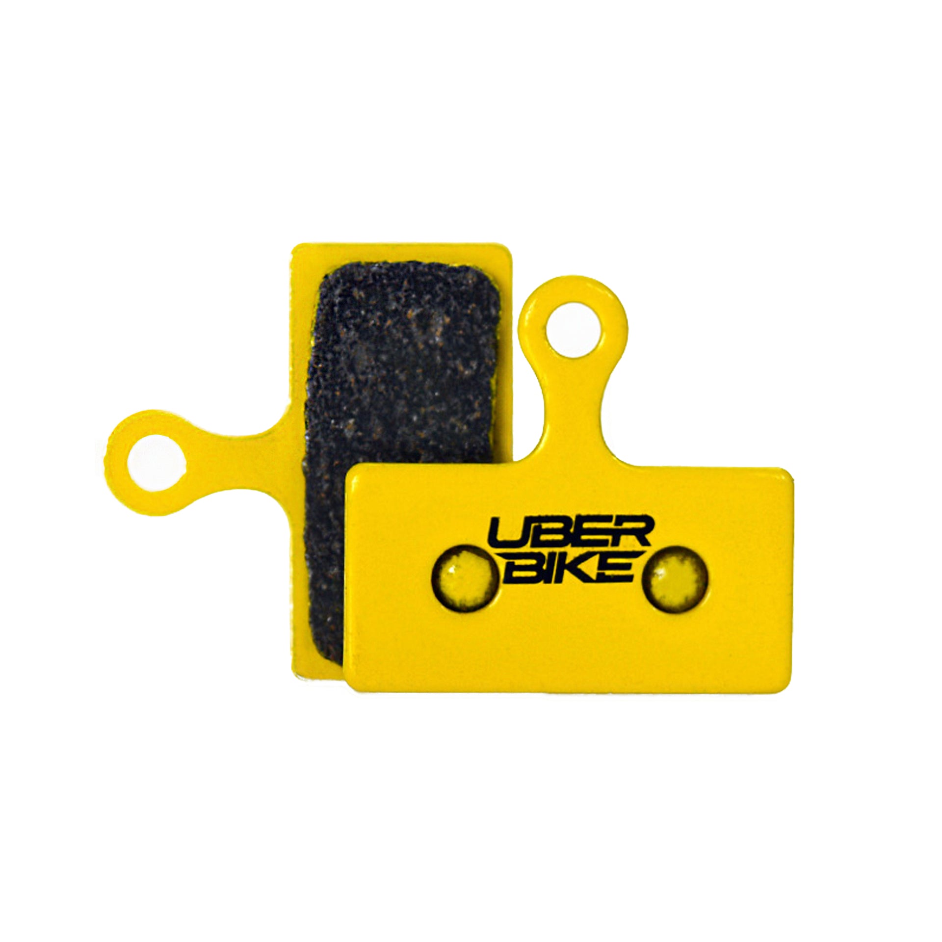 Yellow Shimano XT M8000 brake pads with Uberbike branding on a white background