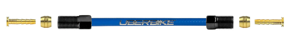An exploded diagram of Shimano XTR kevlar hydraulic hose kit with straight connector fittings on a white background