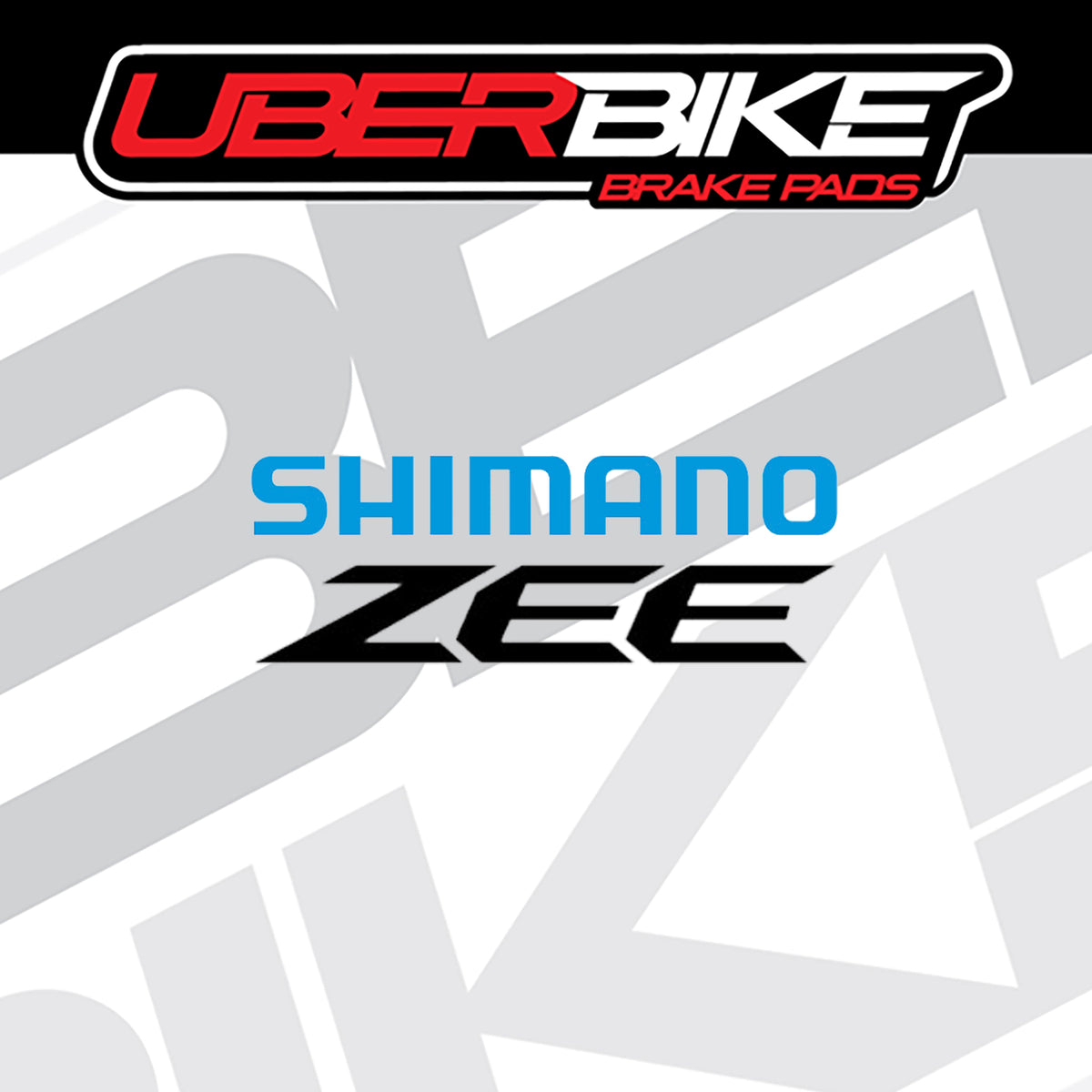 A graphic listing image for Shimano ZEE brake pads, featuring the 'UBERBIKE BRAKE PADS' brand logo at the top and the 'SHIMANO ZEE' text in blue and black in the center, set against a white background with light gray geometric patterns