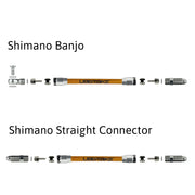 a diagram showing shimano aluminium banjo and straight connector fittings for kevlar braid hydraulic hose on a white background