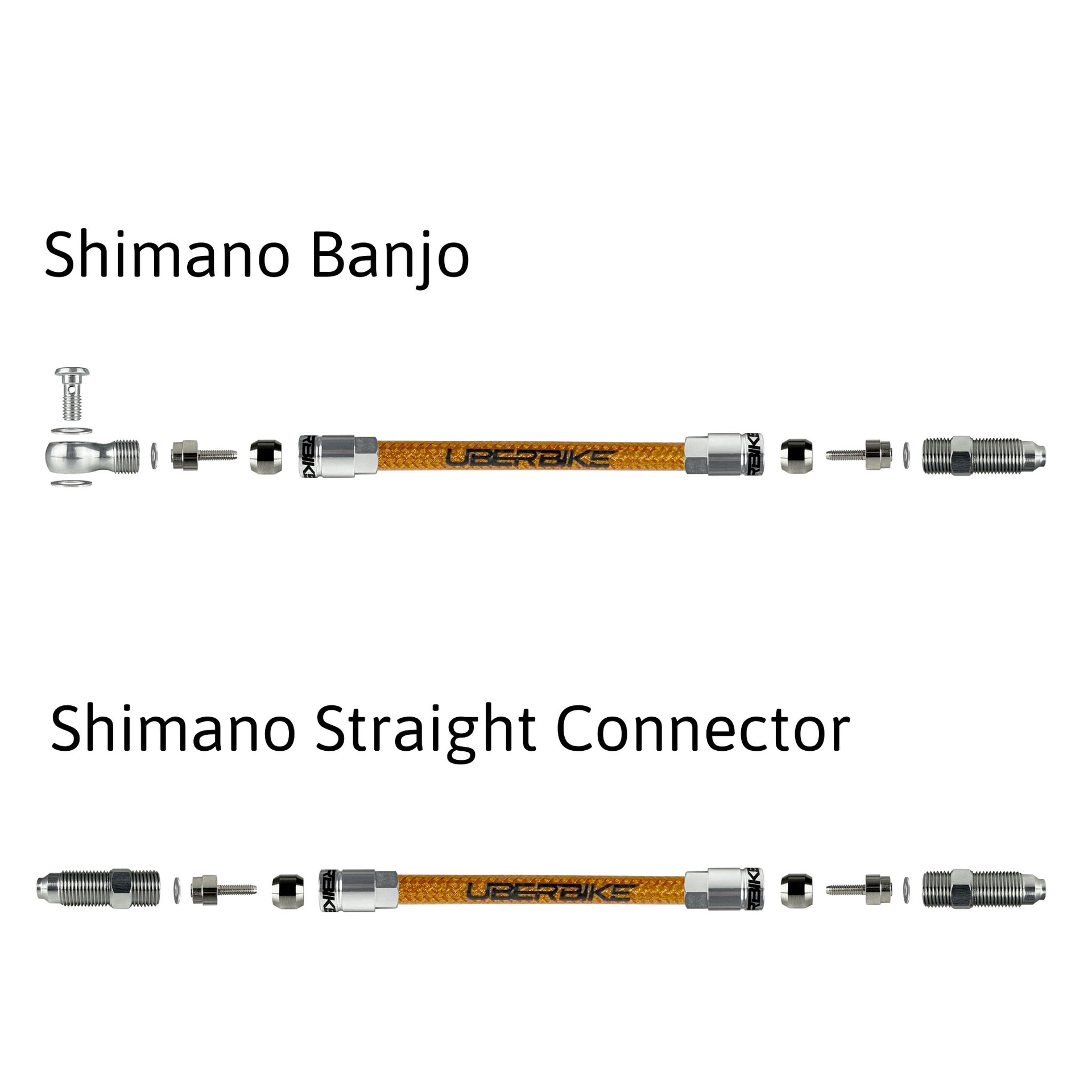a diagram showing shimano aluminium banjo and straight connector fittings for kevlar braid hydraulic hose on a white background