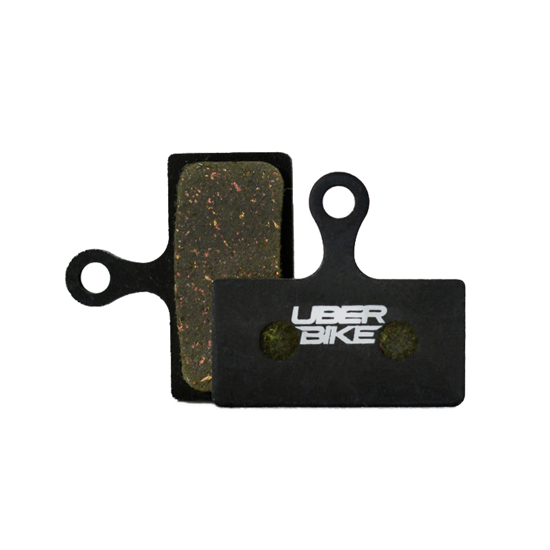 Shimano m6200 semi metallic compound Uberbike branded brake pads on a white background 