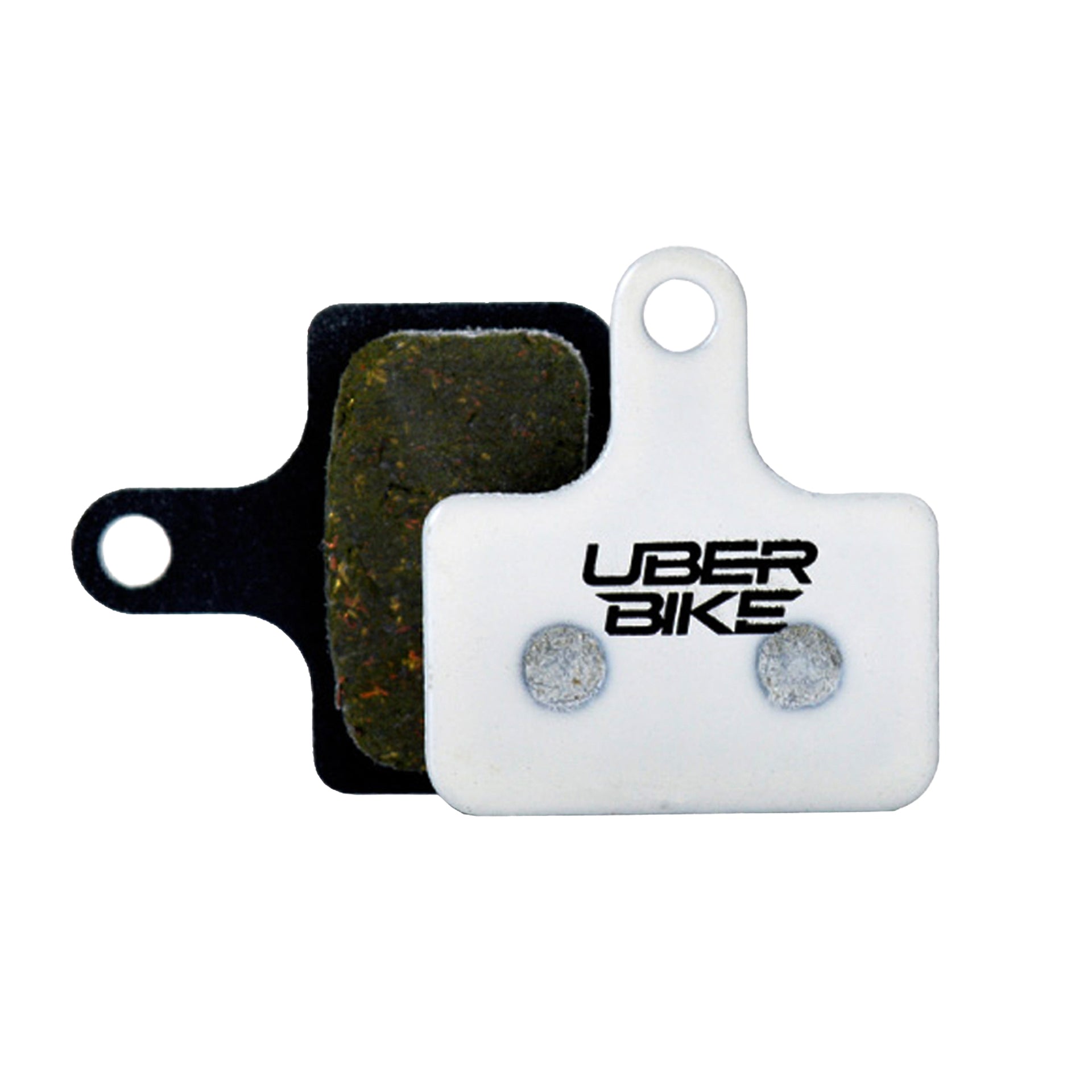 White Shimano MT805 disc brake pads on a white background with Uberbike branding