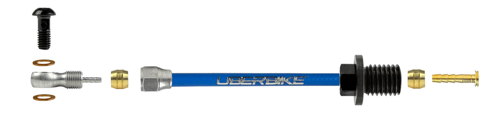 Shimano hydraulic brake hose fittings using a road banjo bolt with Uberbike branding on a white background