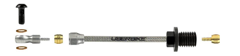 Shimano hydraulic stainless braid brake hose fittings using a road banjo bolt with Uberbike branding on a white background