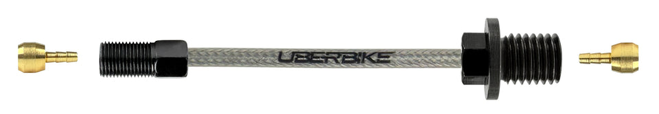 Shimano hydraulic stainless braid brake hose fittings using a straight connector bolt with Uberbike branding on a white background