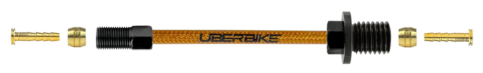 Shimano hydraulic kevlar braid brake hose fittings using a straight connector bolt with Uberbike branding on a white background