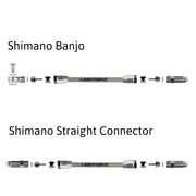 a diagram showing shimano aluminium banjo and straight connector fittings for stainless braid hydraulic hose on a white background
