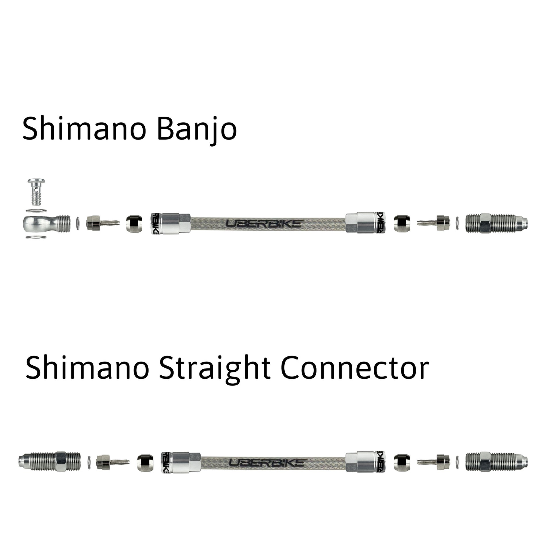 a diagram showing shimano aluminium banjo and straight connector fittings for stainless braid hydraulic hose on a white background