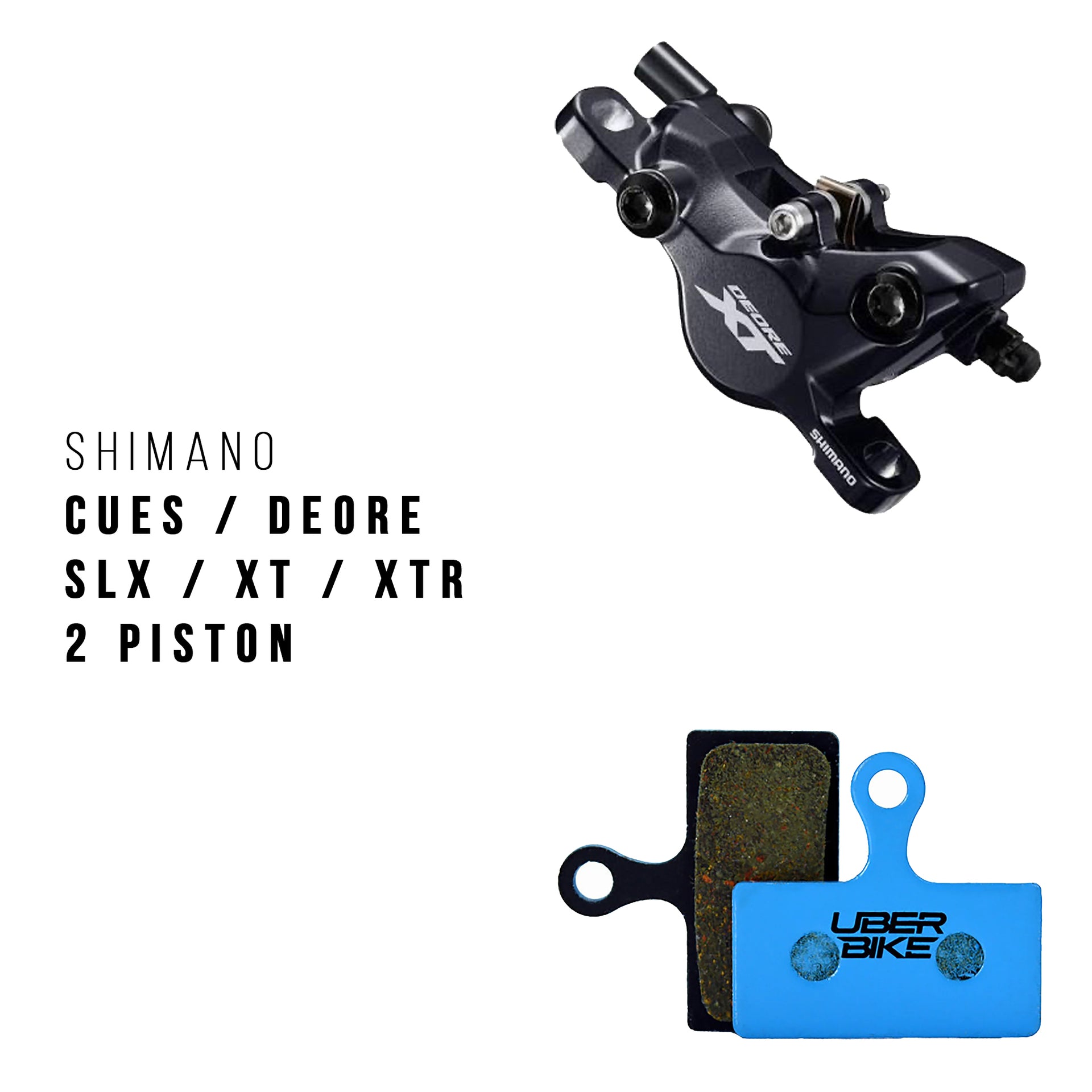 Bicycle brake caliper and pads with Shimano XT branding on a white background