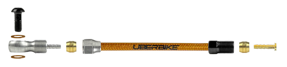 An exploded view of a bicycle kevlar braid Shimano XTR hydraulic brake hose and fittings on a white background with 'UBERBIKE' branding