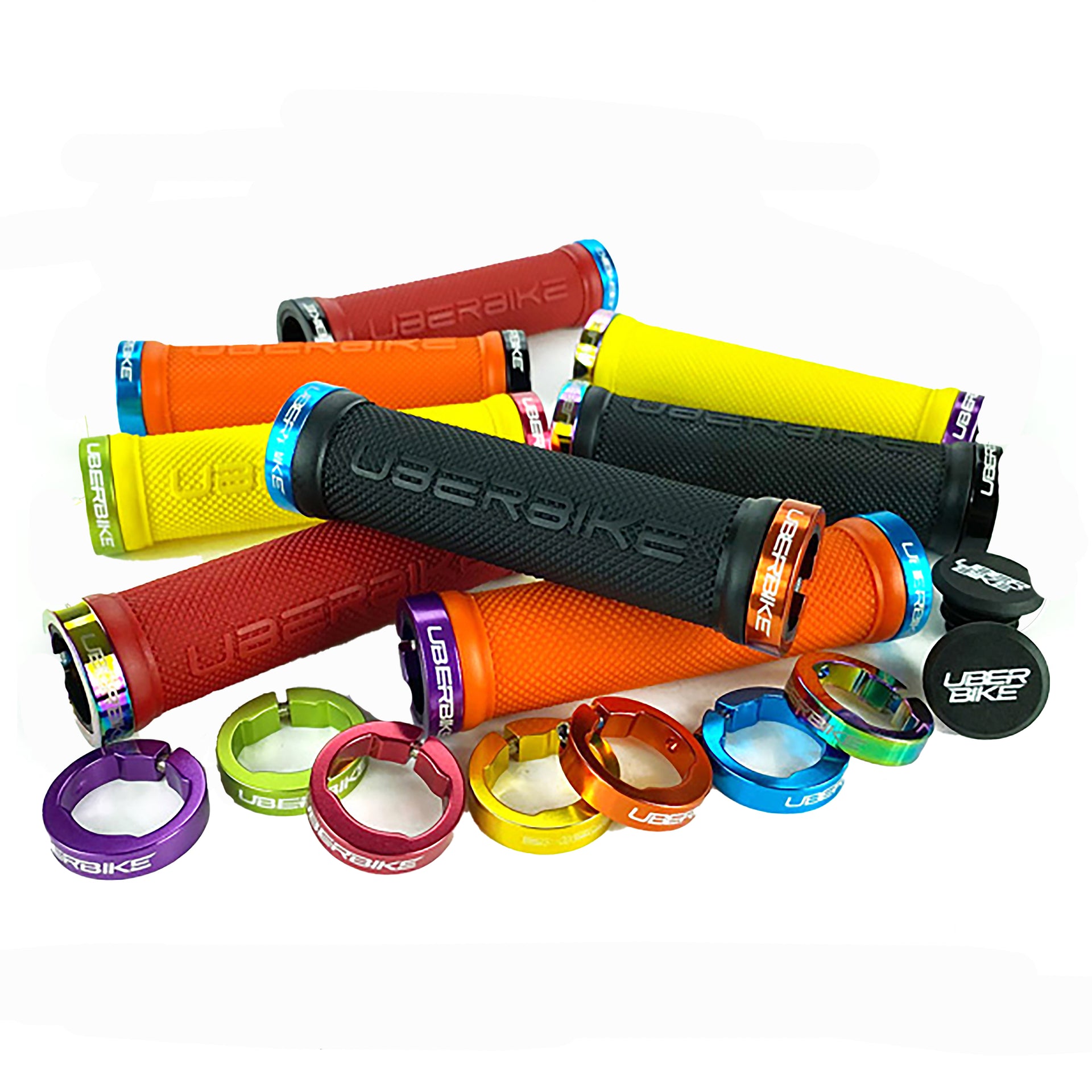 Collection of colorful Uberbike skinny handlebar grips and lockrings on a white background